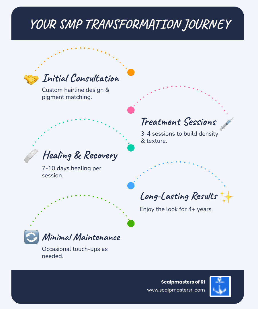 Infographic showing the SMP process from consultation through final results, including: consultation and hairline design, 3-4 treatment sessions over several weeks, 7-10 day healing period per session, and 4+ years of lasting results with minimal touch-ups needed - head tattoo for baldness infographic infographic-line-5-steps-blues-accent_colors