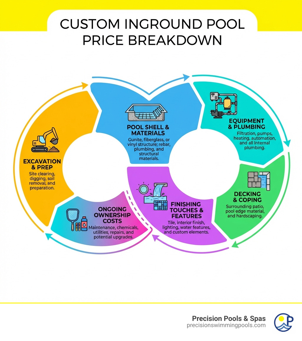 infographic showing the breakdown of custom inground pool pricing including excavation costs, pool shell and materials, equipment and plumbing, decking and coping, finishing touches and features, and ongoing ownership costs - custom inground pool prices infographic infographic showing the breakdown of custom inground pool pricing including excavation costs, pool shell and materials, equipment and plumbing, decking and coping, finishing touches and features, and ongoing ownership costs - custom inground pool prices infographic