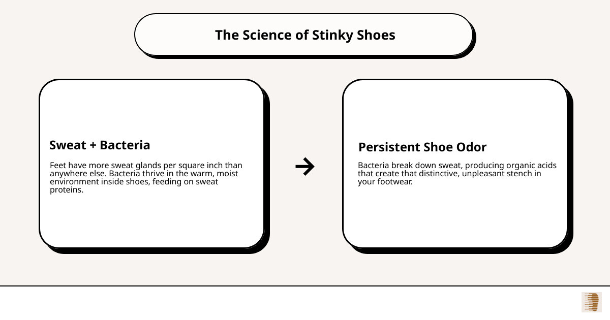 Infographic showing how foot sweat and bacteria create shoe odor, with illustrations of feet, moisture droplets, bacteria cells, and the resulting odor molecules, plus the three-ingredient solution of baking soda, cornstarch, and essential oils - DIY shoe odor powder infographic cause_effect_text Infographic showing how foot sweat and bacteria create shoe odor, with illustrations of feet, moisture droplets, bacteria cells, and the resulting odor molecules, plus the three-ingredient solution of baking soda, cornstarch, and essential oils - DIY shoe odor powder infographic cause_effect_text