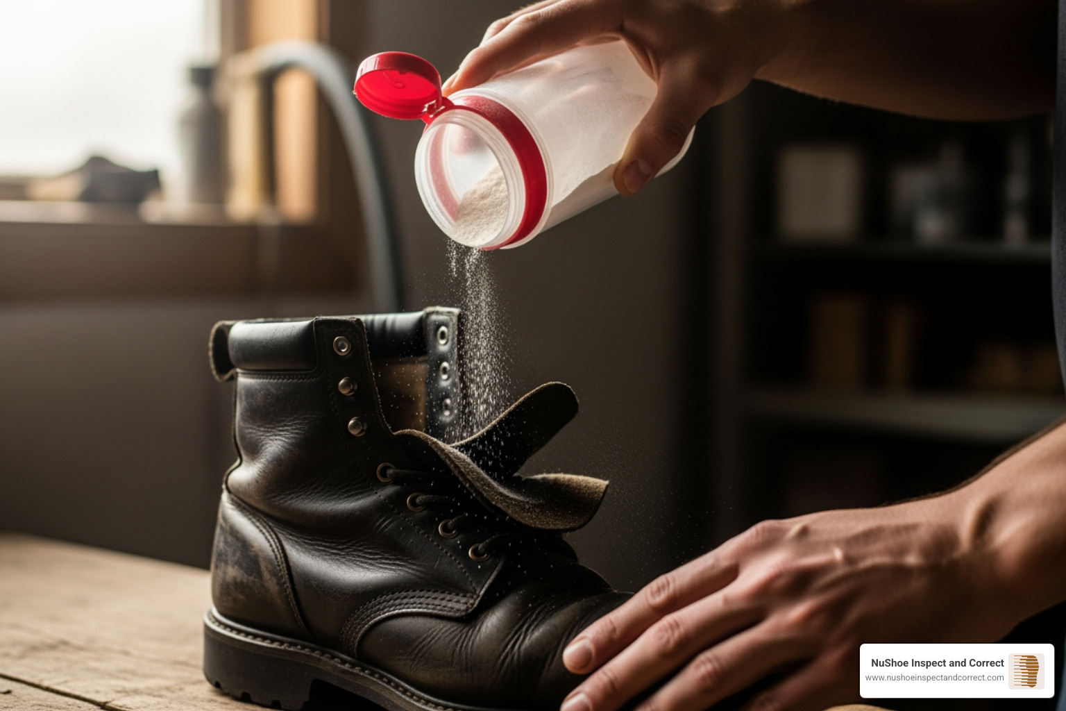 Person sprinkling DIY shoe odor powder from a shaker into a work boot - DIY shoe odor powder Person sprinkling DIY shoe odor powder from a shaker into a work boot - DIY shoe odor powder