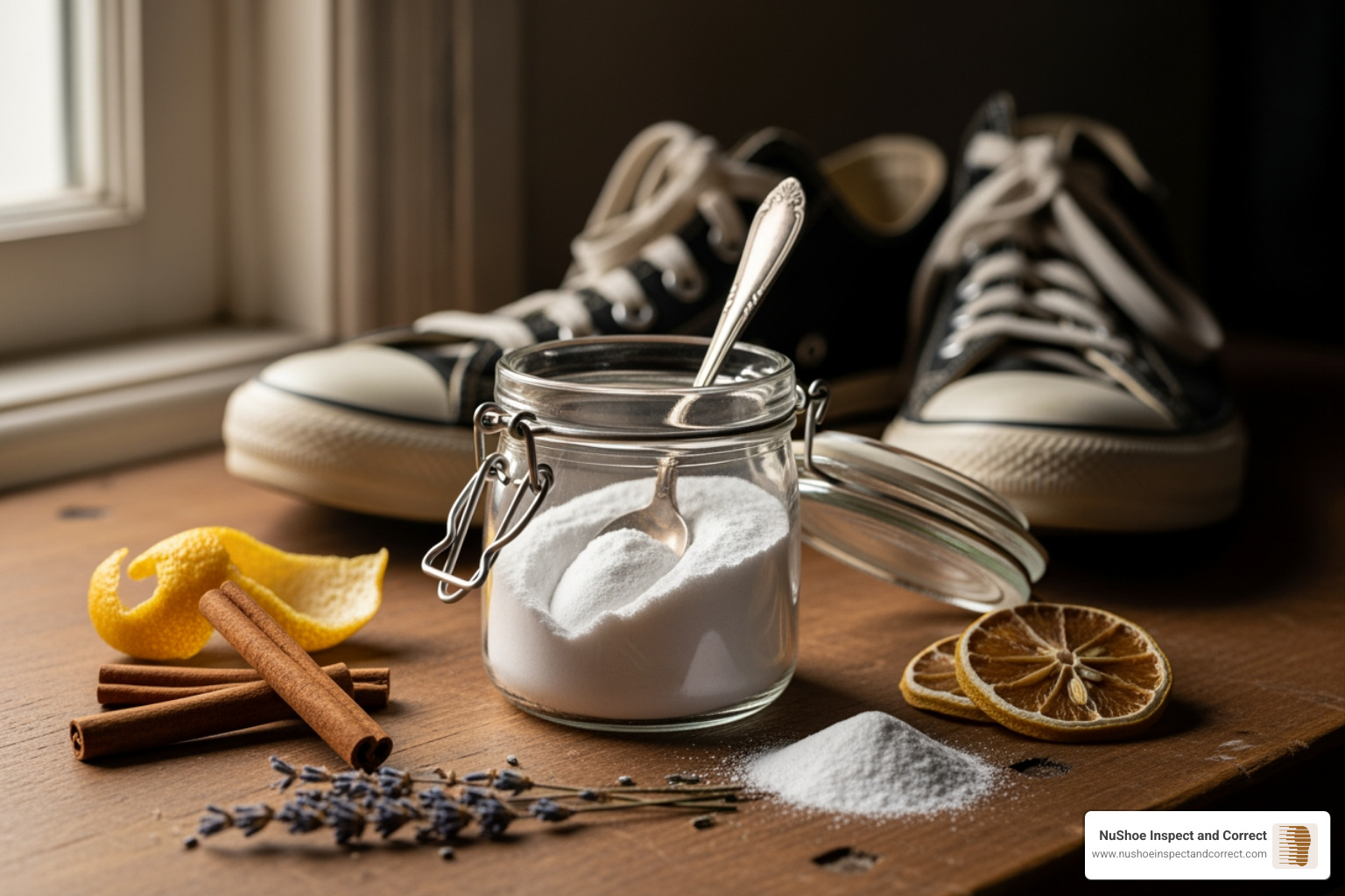 Core ingredients for DIY shoe odor powder: a box of baking soda, a bowl of arrowroot powder, and a small bottle of tea tree essential oil - DIY shoe odor powder Core ingredients for DIY shoe odor powder: a box of baking soda, a bowl of arrowroot powder, and a small bottle of tea tree essential oil - DIY shoe odor powder