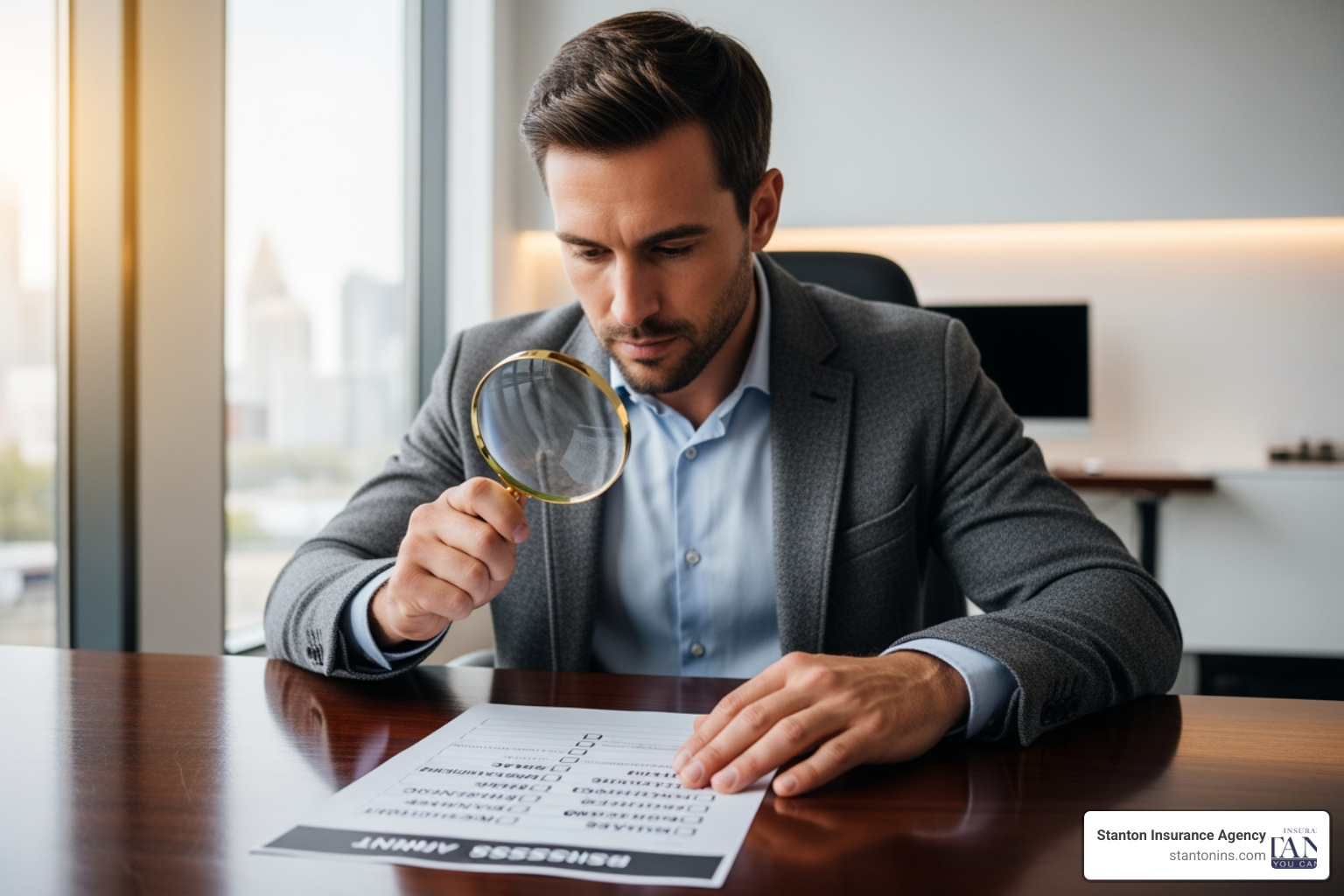 Business owner assessing risks with a magnifying glass over a checklist - liability insurance 1 million
