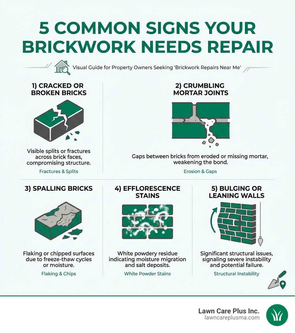 Infographic showing the 5 common signs your brickwork needs repair: 1) Cracked or broken bricks with visible splits or fractures, 2) Crumbling mortar joints with gaps between bricks, 3) Spalling bricks with flaking or chipped surfaces, 4) White powdery efflorescence stains on brick surfaces, 5) Bulging or leaning walls indicating structural issues - brickwork repairs near me infographic 