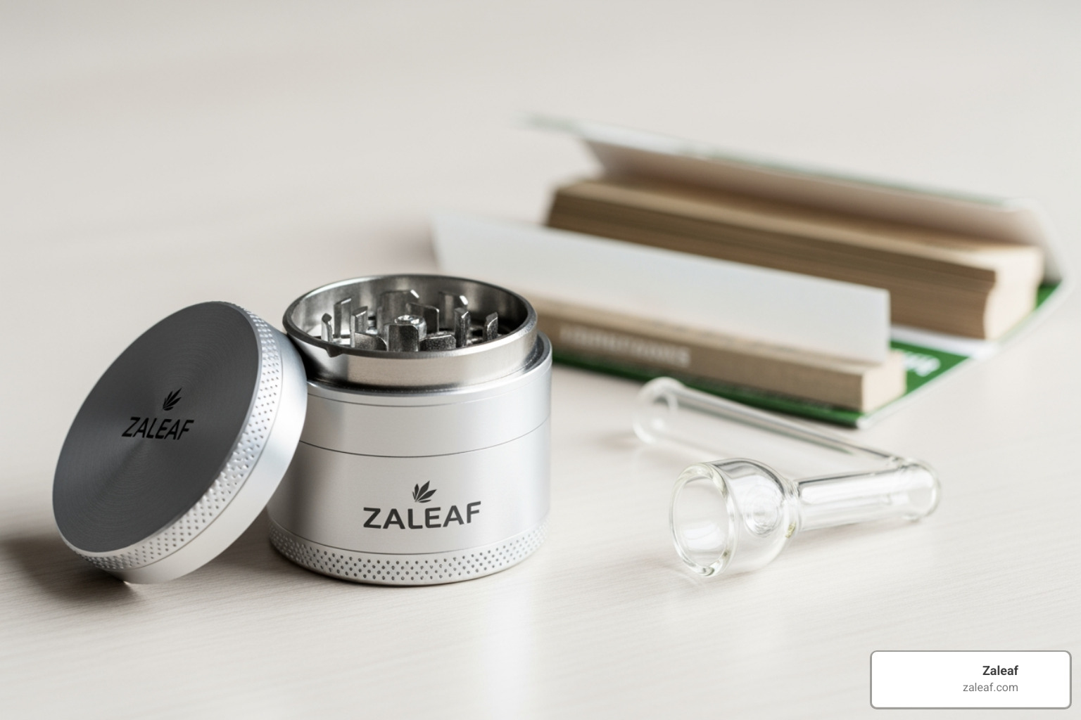 A beginner's setup including a Zaleaf grinder, rolling papers, and a simple glass pipe - weed accessories A beginner's setup including a Zaleaf grinder, rolling papers, and a simple glass pipe - weed accessories