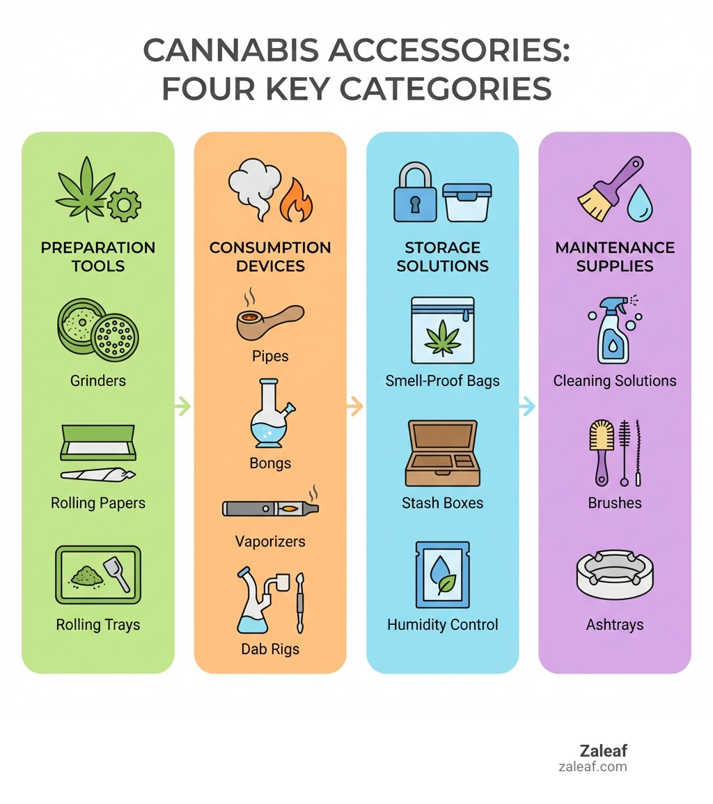 Infographic showing the four key categories of cannabis accessories: Preparation tools including grinders, rolling papers, and rolling trays; Consumption devices including pipes, bongs, vaporizers, and dab rigs; Storage solutions including smell-proof bags, stash boxes, and humidity control; Maintenance supplies including cleaning solutions, brushes, and ashtrays - weed accessories infographic Infographic showing the four key categories of cannabis accessories: Preparation tools including grinders, rolling papers, and rolling trays; Consumption devices including pipes, bongs, vaporizers, and dab rigs; Storage solutions including smell-proof bags, stash boxes, and humidity control; Maintenance supplies including cleaning solutions, brushes, and ashtrays - weed accessories infographic