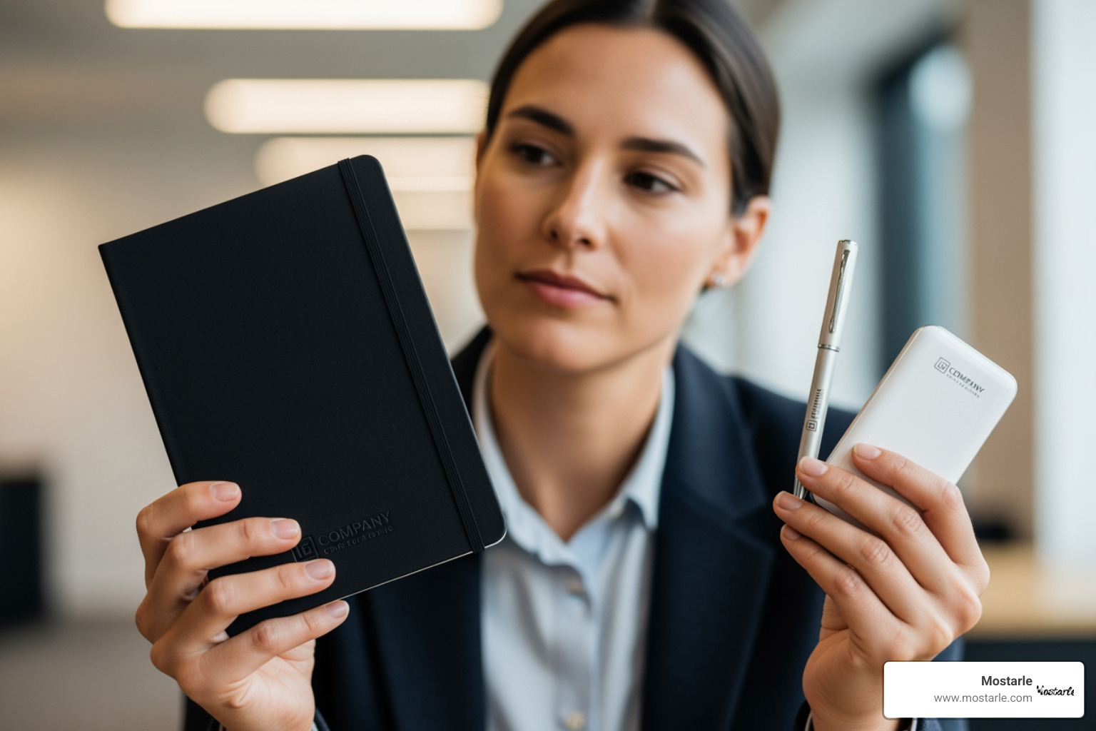 person thoughtfully considering two different high-quality Mostarle gift items - Unique corporate gift