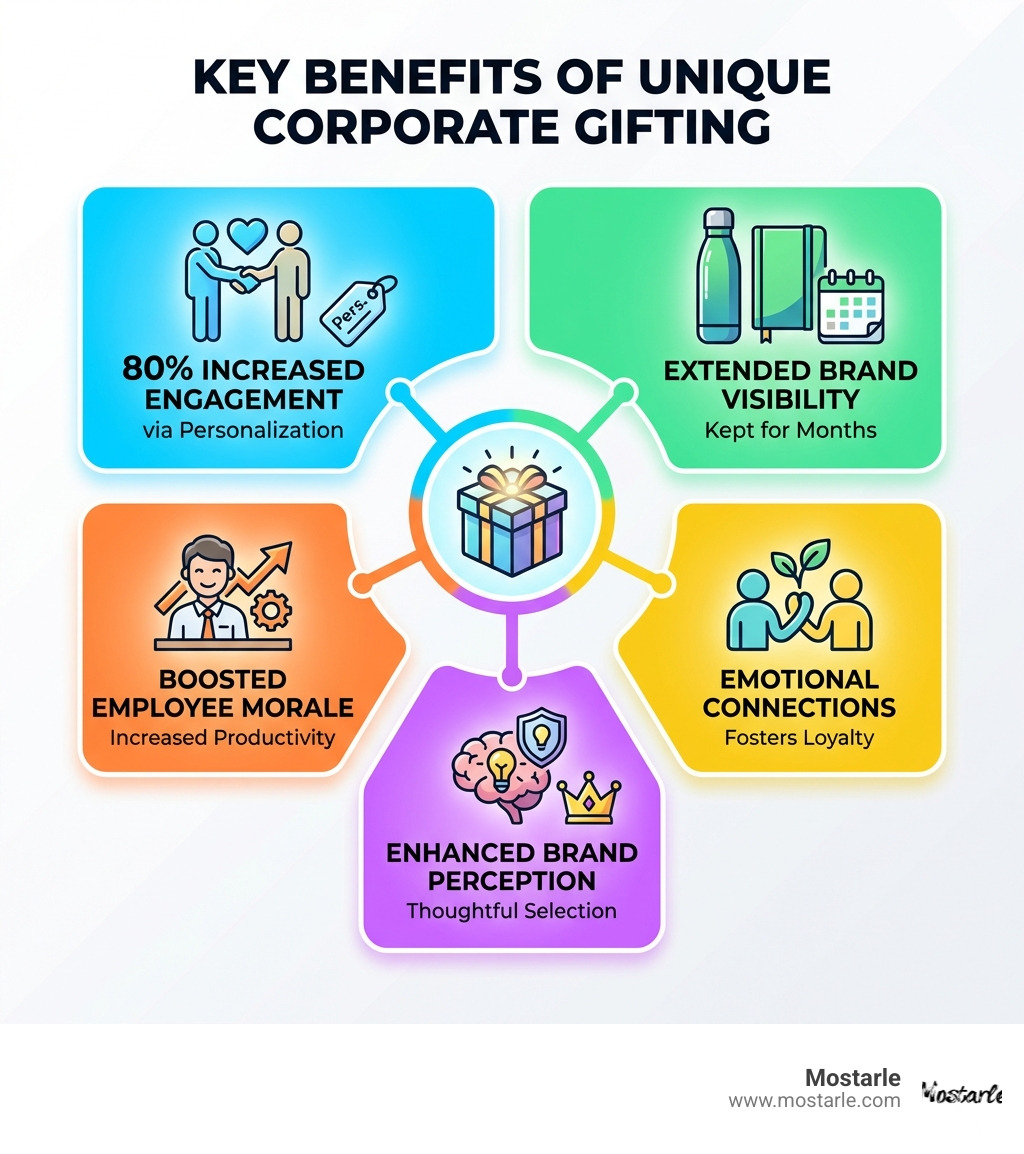 Infographic showing the key benefits of unique corporate gifting: 80% increased likelihood of customer engagement through personalization, extended brand visibility through useful high-quality items kept for months, emotional connections that foster loyalty, boosted employee morale leading to increased productivity, and enhanced brand perception through thoughtful gift selection - Unique corporate gift infographic 