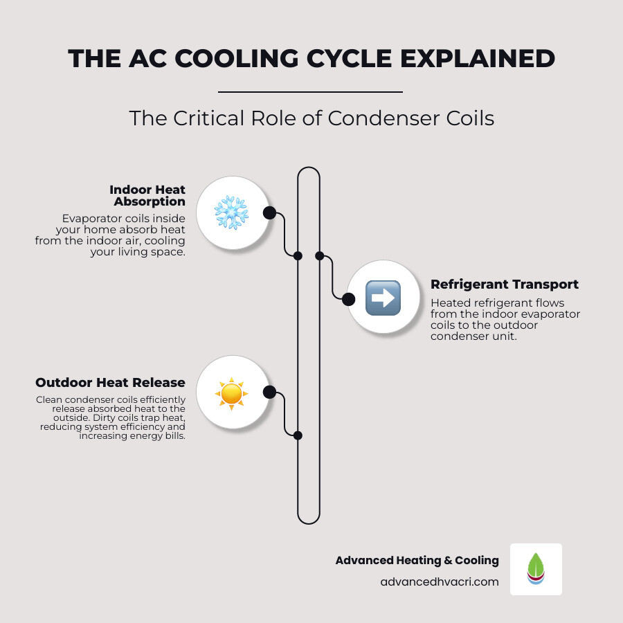Infographic showing the AC cooling cycle with refrigerant flow through indoor evaporator coils absorbing heat, then traveling to outdoor condenser coils where heat is released outside, highlighting how dirt buildup on condenser fins blocks heat transfer and reduces system efficiency - Condenser coil cleaning service infographic infographic-line-3-steps-elegant_beige