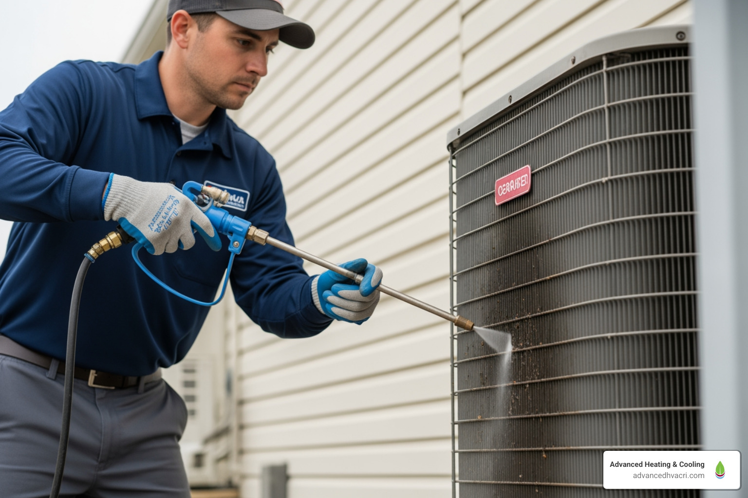 A certified HVAC technician professionally cleaning a condenser unit with a low-pressure sprayer, ensuring thorough removal of dirt and debris from the fins - Condenser coil cleaning service