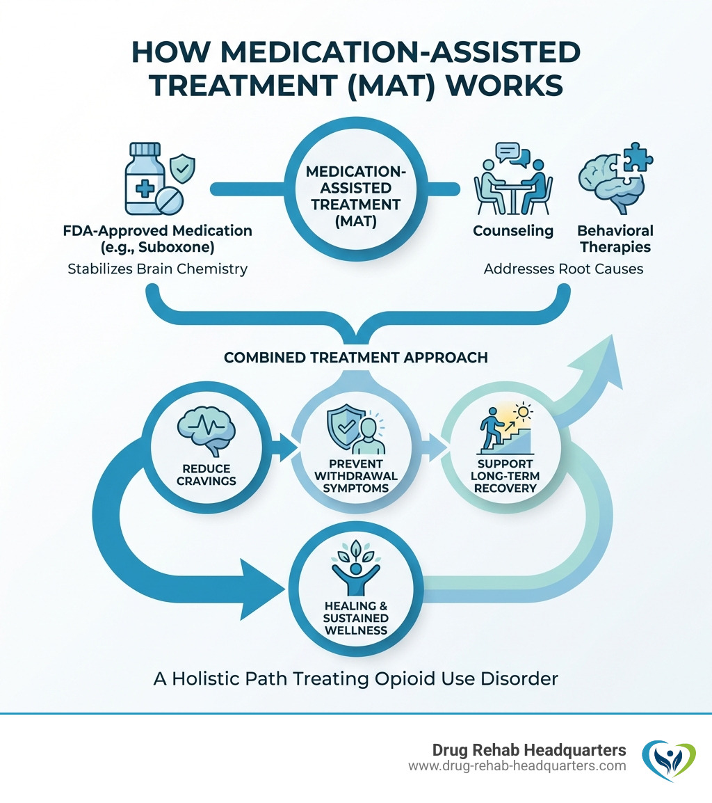 Infographic showing how Medication-Assisted Treatment (MAT) works: combining FDA-approved medications like Suboxone with counseling and behavioral therapies to treat opioid use disorder, reduce cravings, prevent withdrawal symptoms, and support long-term recovery - Suboxone treatment centers infographic 