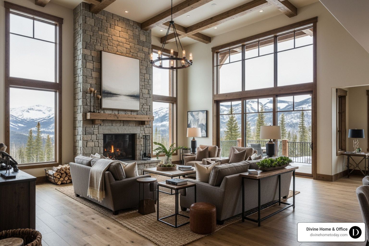 Luxury Colorado mountain living room with stone fireplace, timber beams, warm wood floors, natural textures, floor-to-ceiling windows with mountain views, modern rustic decor, soft bright light, polished and inviting feel, no English or Victorian styles. - checklist for selling a house by owner Luxury Colorado mountain living room with stone fireplace, timber beams, warm wood floors, natural textures, floor-to-ceiling windows with mountain views, modern rustic decor, soft bright light, polished and inviting feel, no English or Victorian styles. - checklist for selling a house by owner