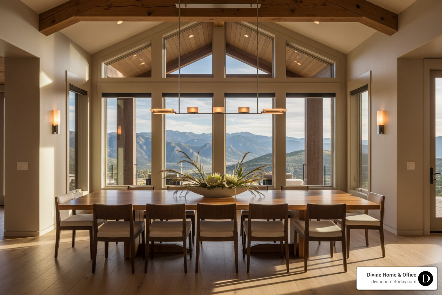 Luxury modern mountain dining room in a Denver home, elegant but simple centerpiece, warm wood table, natural light, polished and inviting feel, no ornate or classical styles. - checklist for selling a house by owner Luxury modern mountain dining room in a Denver home, elegant but simple centerpiece, warm wood table, natural light, polished and inviting feel, no ornate or classical styles. - checklist for selling a house by owner