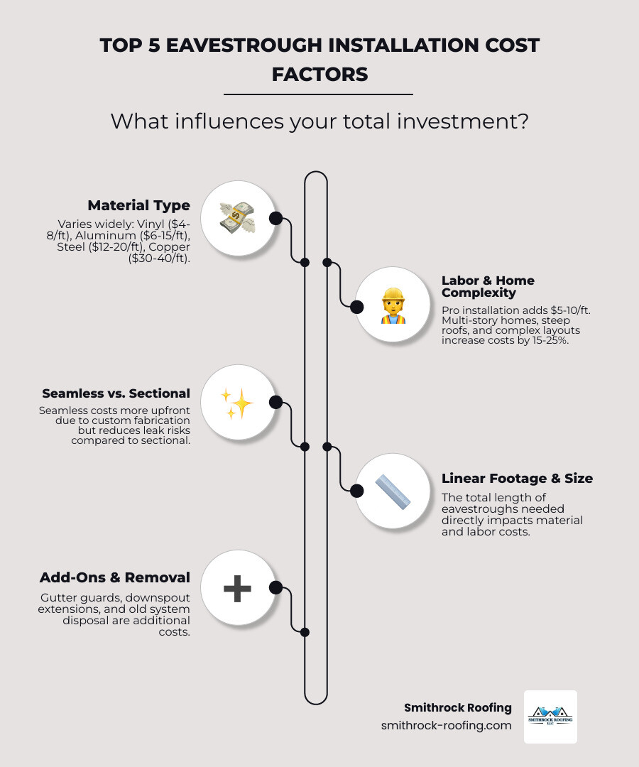 infographic showing the top 5 cost factors for eavestrough installation: material type with price ranges, linear footage needed based on home size, labor complexity including roof pitch and stories, seamless vs sectional installation methods, and additional components like gutter guards and downspouts - eavestrough installation prices infographic infographic-line-5-steps-elegant_beige