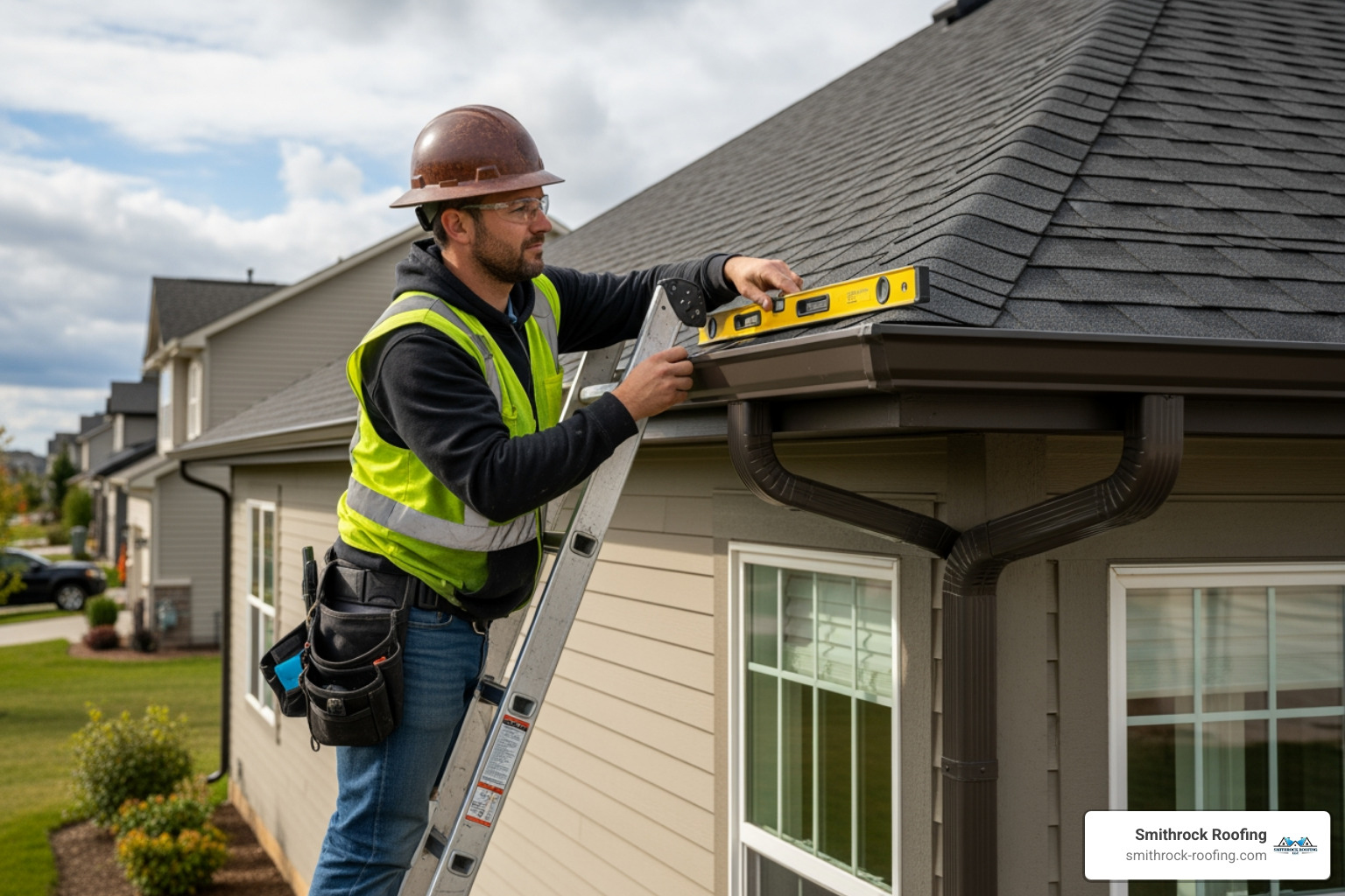 professional gutter installer using a level to ensure correct pitch - eavestrough installation prices