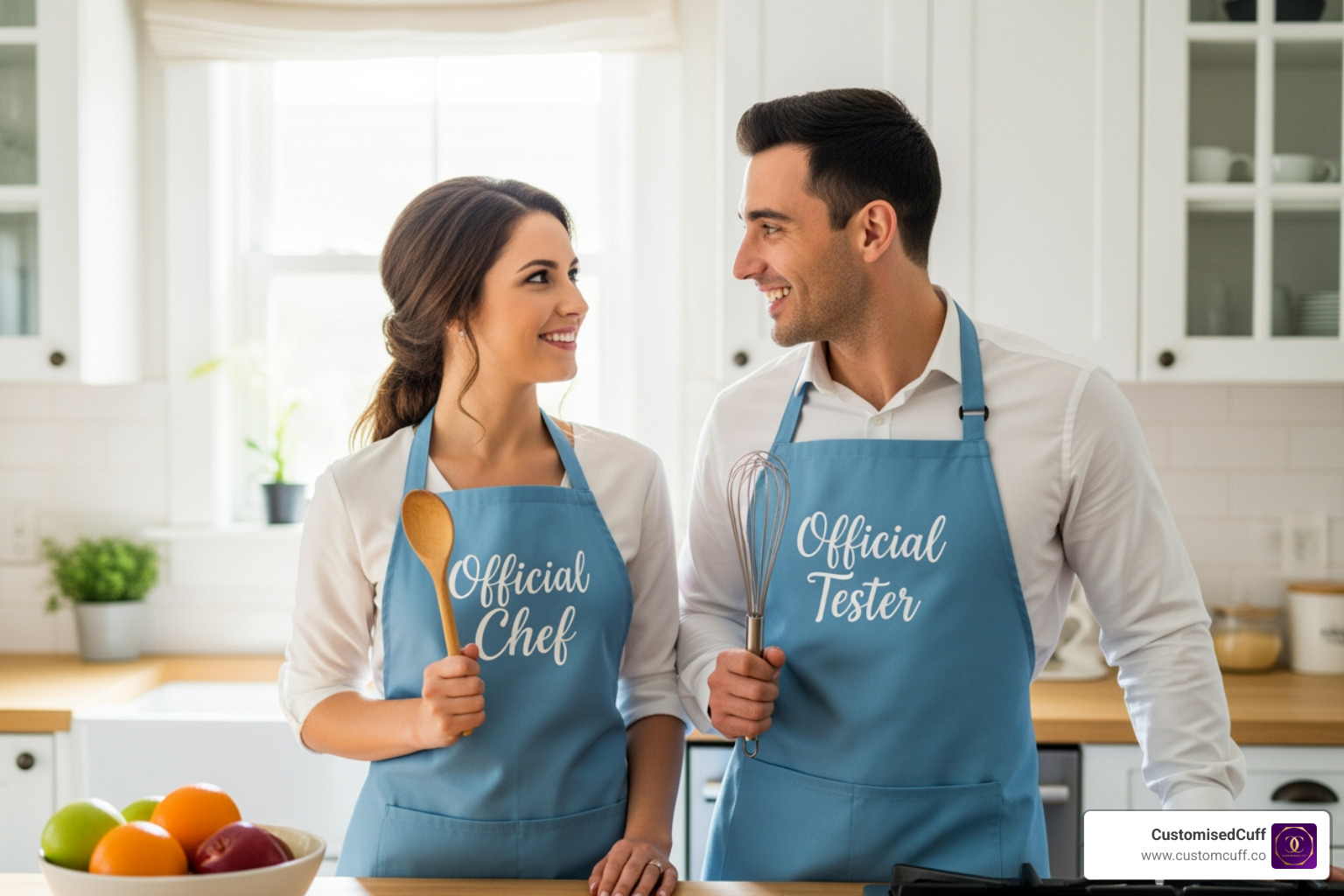 couple wearing aprons with funny sayings like "Official Chef" and "Official Tester" - bride and groom apron