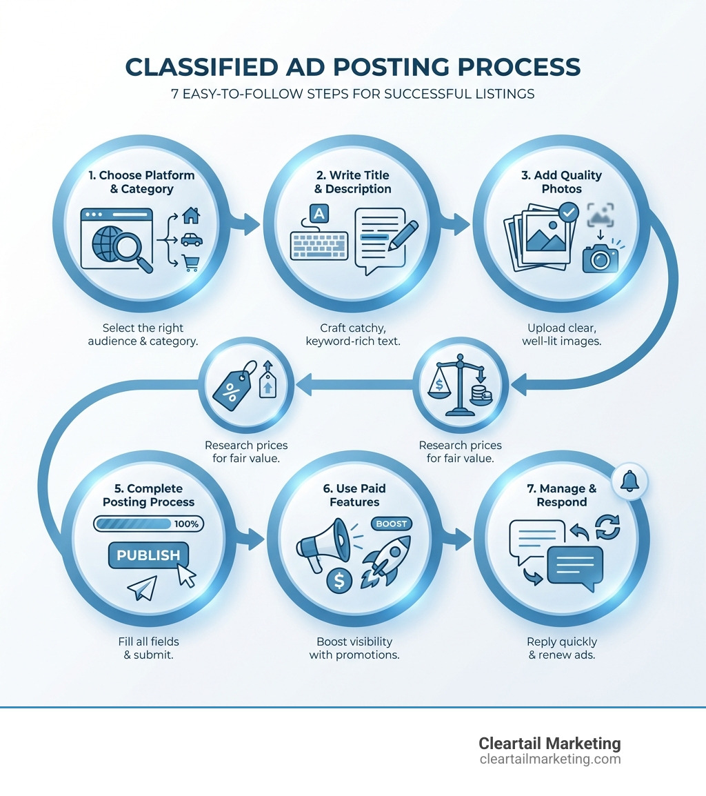 INFOGRAPHIC SHOWING 7 STEPS: 1. CHOOSE PLATFORM & CATEGORY 2. WRITE TITLE & DESCRIPTION 3. ADD QUALITY PHOTOS 4. PRICE COMPETITIVELY 5. COMPLETE POSTING PROCESS 6. USE PAID FEATURES 7. MANAGE & RESPOND - CLASSIFIED AD POSTING INFOGRAPHIC 