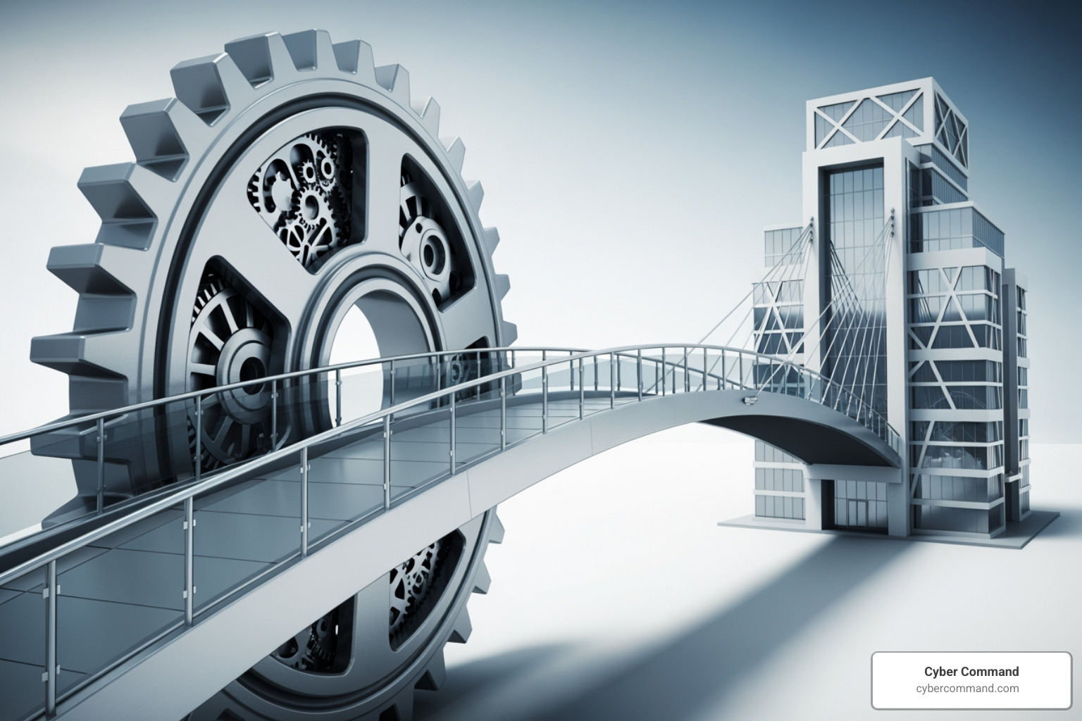 A graphic depicting a bridge connecting a gear (representing technology) to a building (representing business objectives), symbolizing alignment and progress. - IT strategic consulting