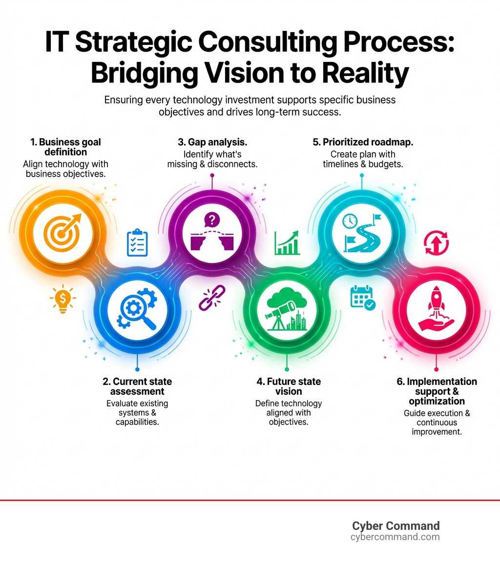 Infographic showing the IT strategic consulting process: 1. Business goal definition, 2. Current state assessment of systems and capabilities, 3. Gap analysis identifying what's missing, 4. Future state vision aligned with objectives, 5. Prioritized roadmap with timelines and budgets, 6. Implementation support and optimization - IT strategic consulting infographic 