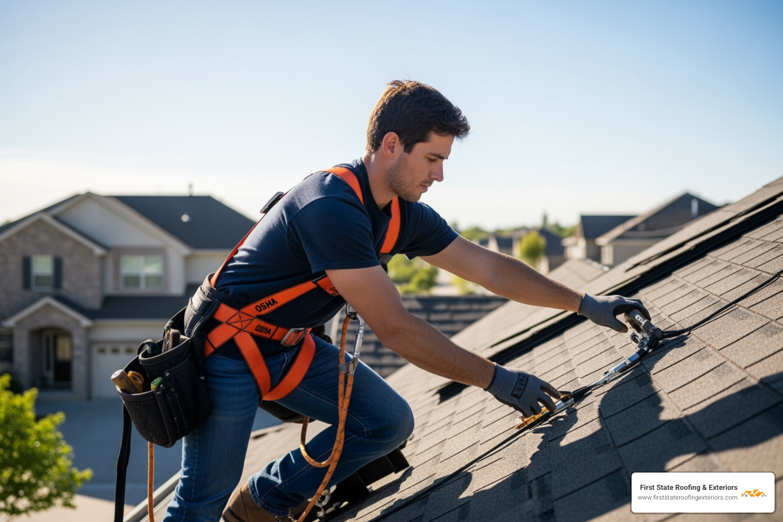 roofer using safety harness on a roof - home roofers near me