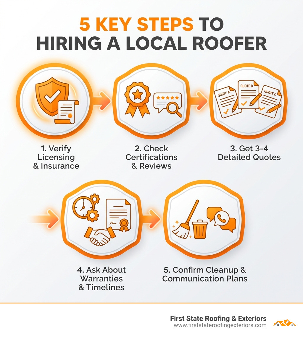 Infographic showing the 5 key steps to hiring a local roofer: 1. Verify licensing and insurance, 2. Check certifications and reviews, 3. Get 3-4 detailed quotes, 4. Ask about warranties and timelines, 5. Confirm cleanup and communication plans - home roofers near me infographic 