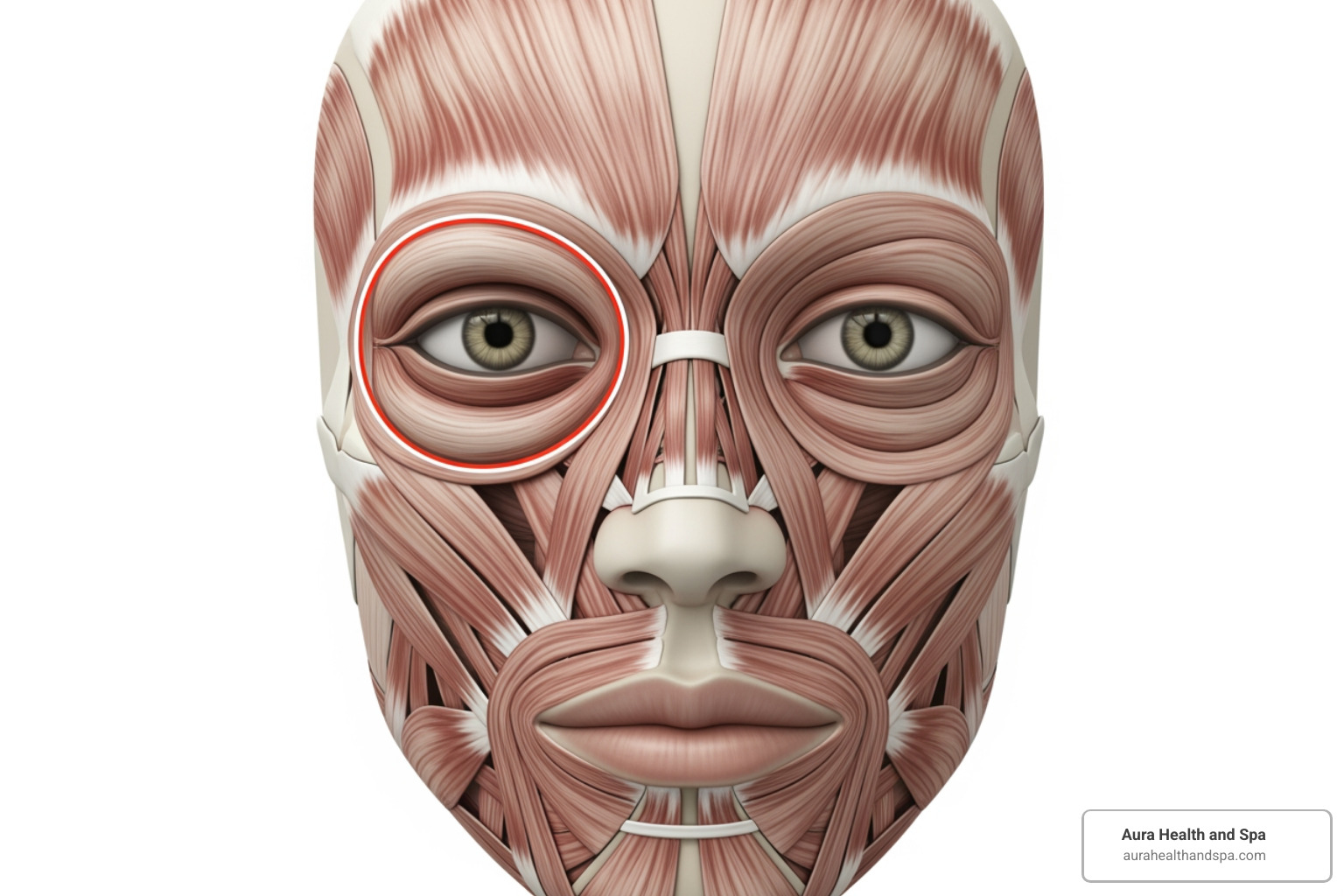 Facial diagram highlighting the orbicularis oculi muscle that encircles the eye - botox for crow's feet