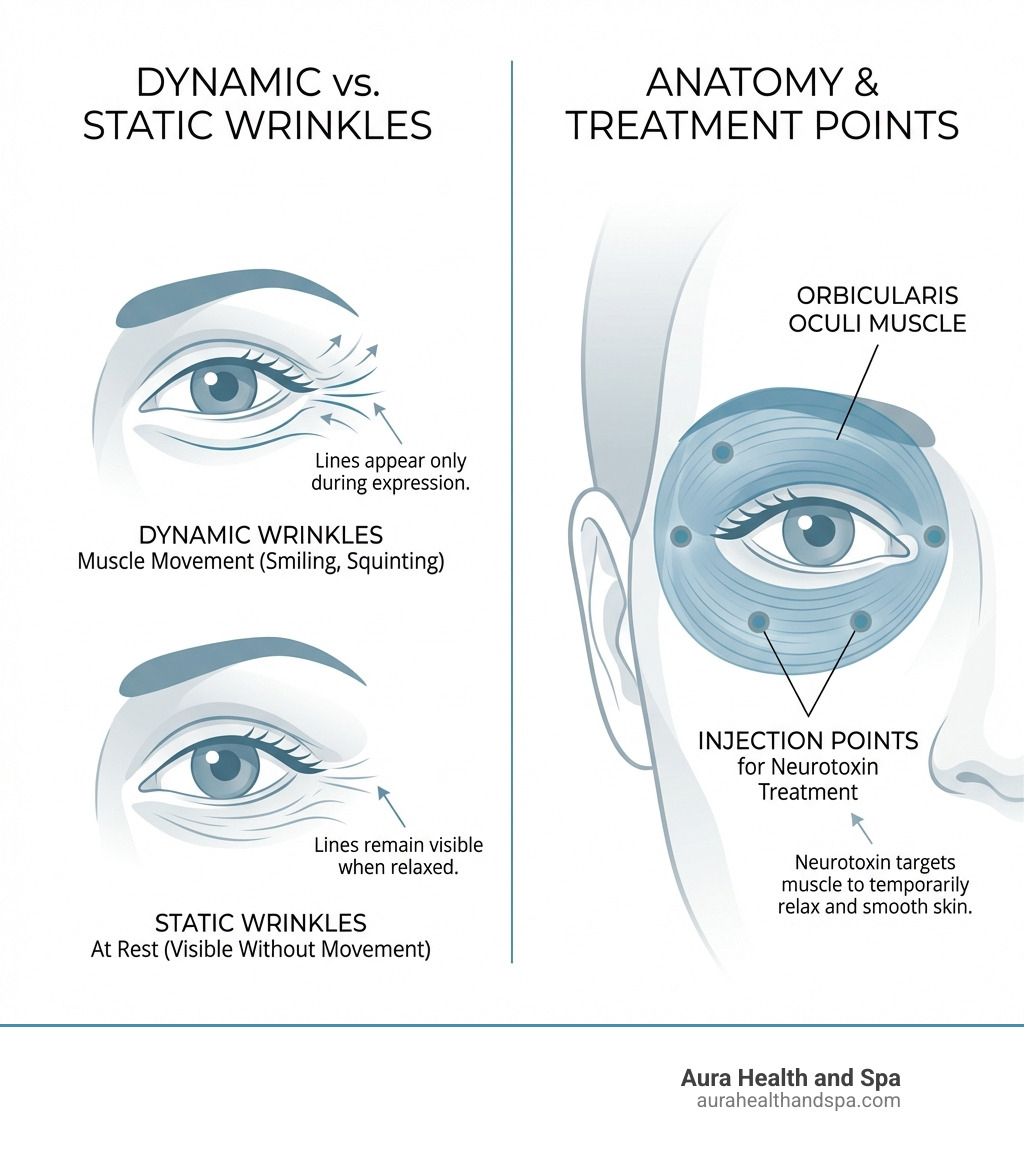 Infographic showing the difference between dynamic wrinkles caused by muscle movement when smiling and squinting, and static wrinkles that remain visible at rest, with labeled orbicularis oculi muscle and injection points for neurotoxin treatment - botox for crow's feet infographic 