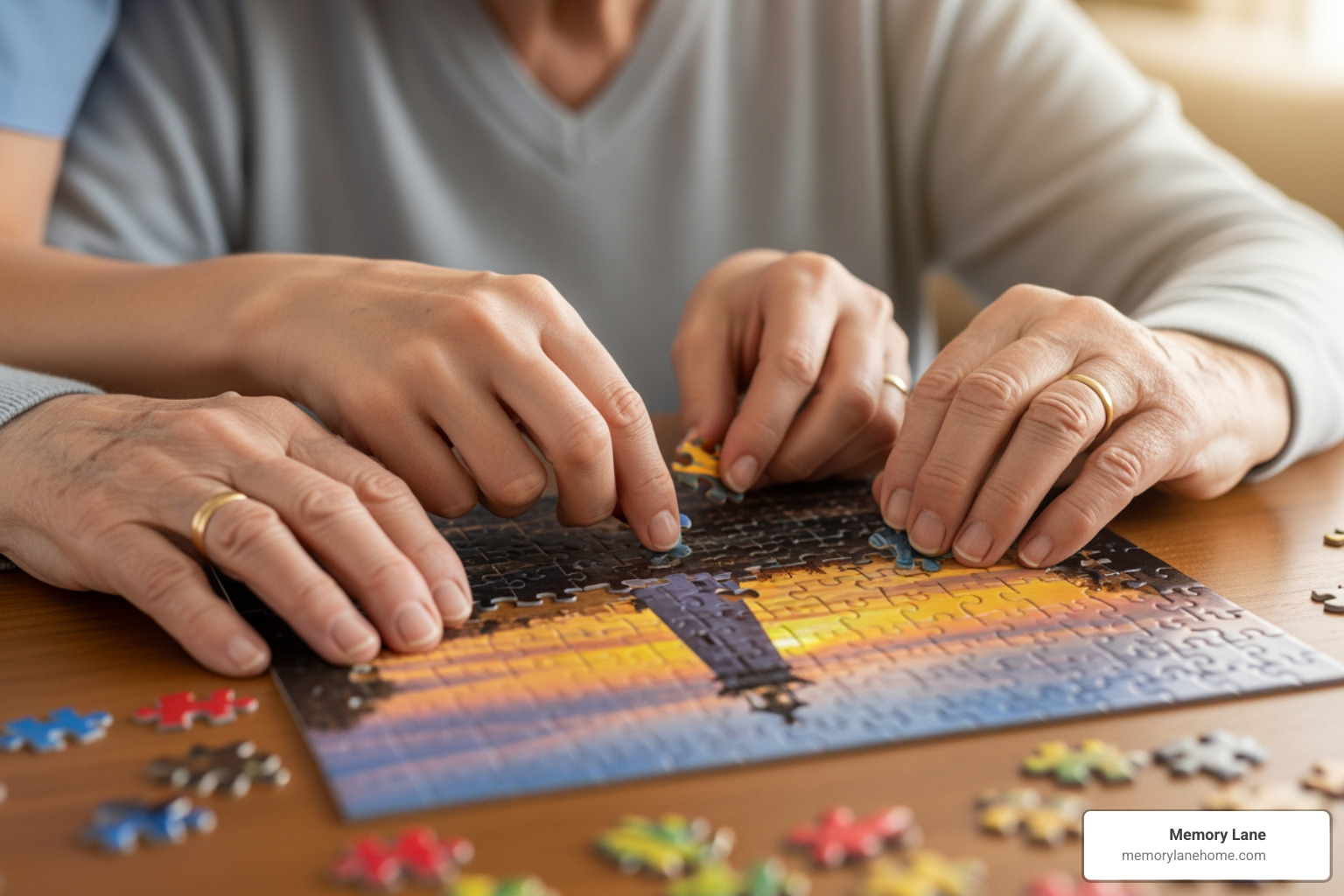 Caregiver gently assisting an older adult with a puzzle - Compassionate dementia care