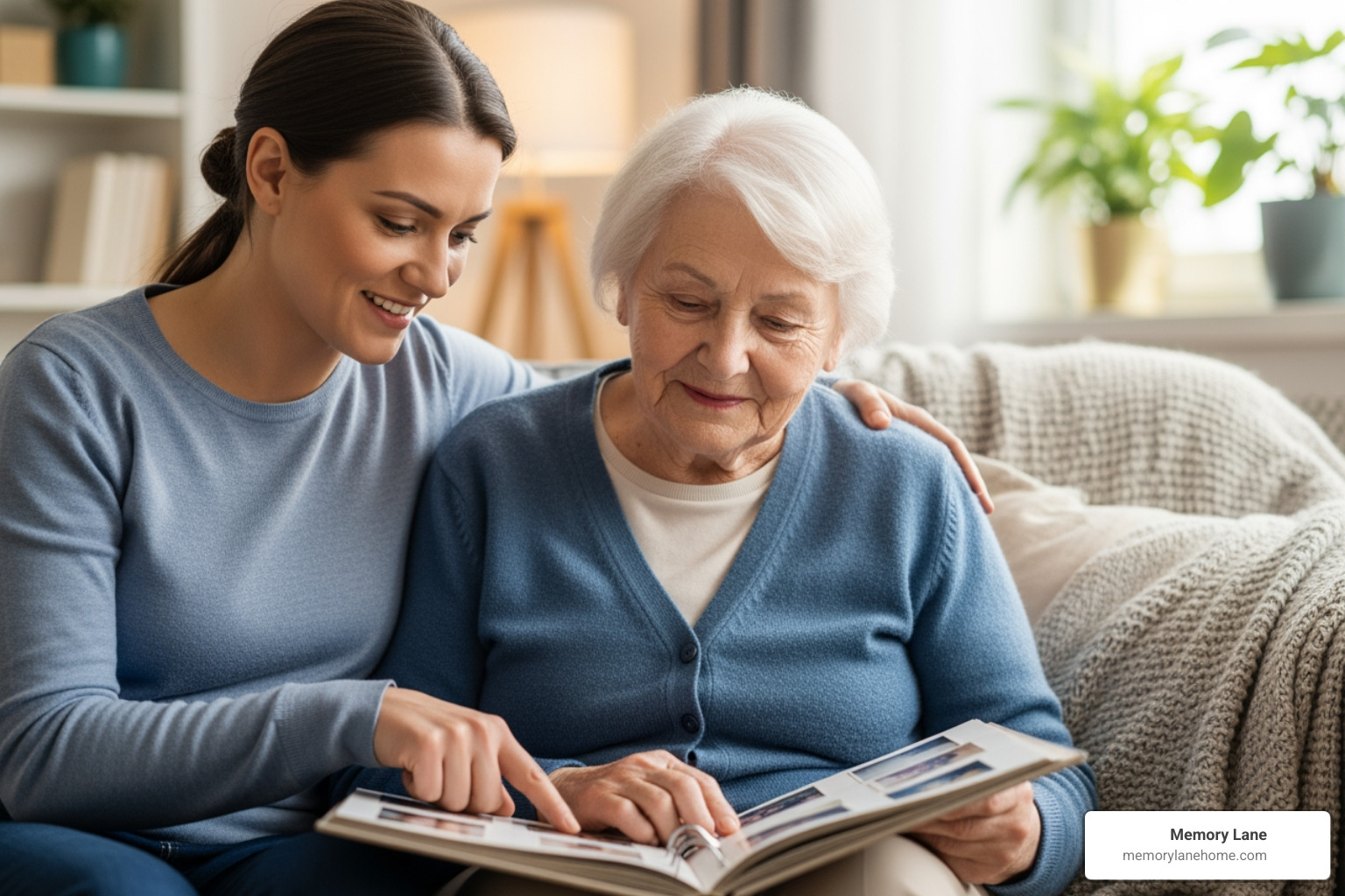 Caregiver and person with dementia looking at a photo album - Compassionate dementia care