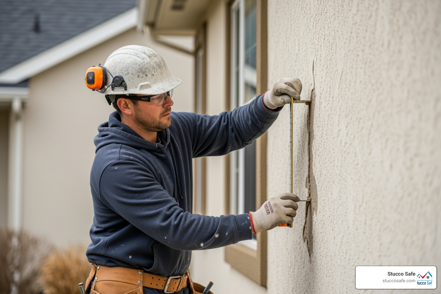 A professional stucco repair technician measuring a damaged stucco area on a house exterior - cost to repair stucco wall A professional stucco repair technician measuring a damaged stucco area on a house exterior - cost to repair stucco wall
