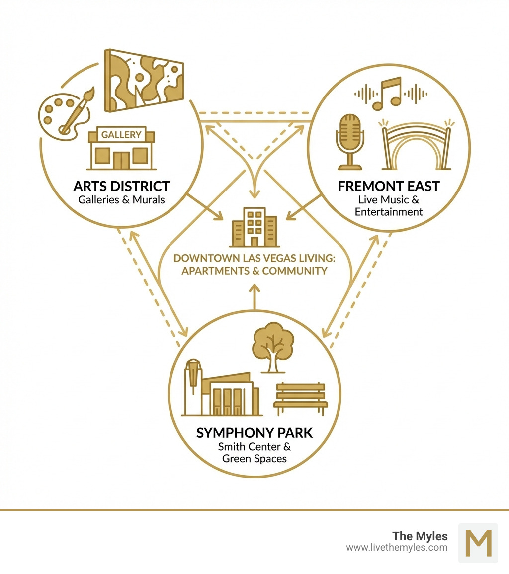 Infographic showing Downtown Las Vegas key districts: Arts District with galleries and murals, Fremont East with live music and entertainment venues, and Symphony Park with the Smith Center and green spaces, all connected by walkable streets - apartments for rent downtown las vegas infographic 