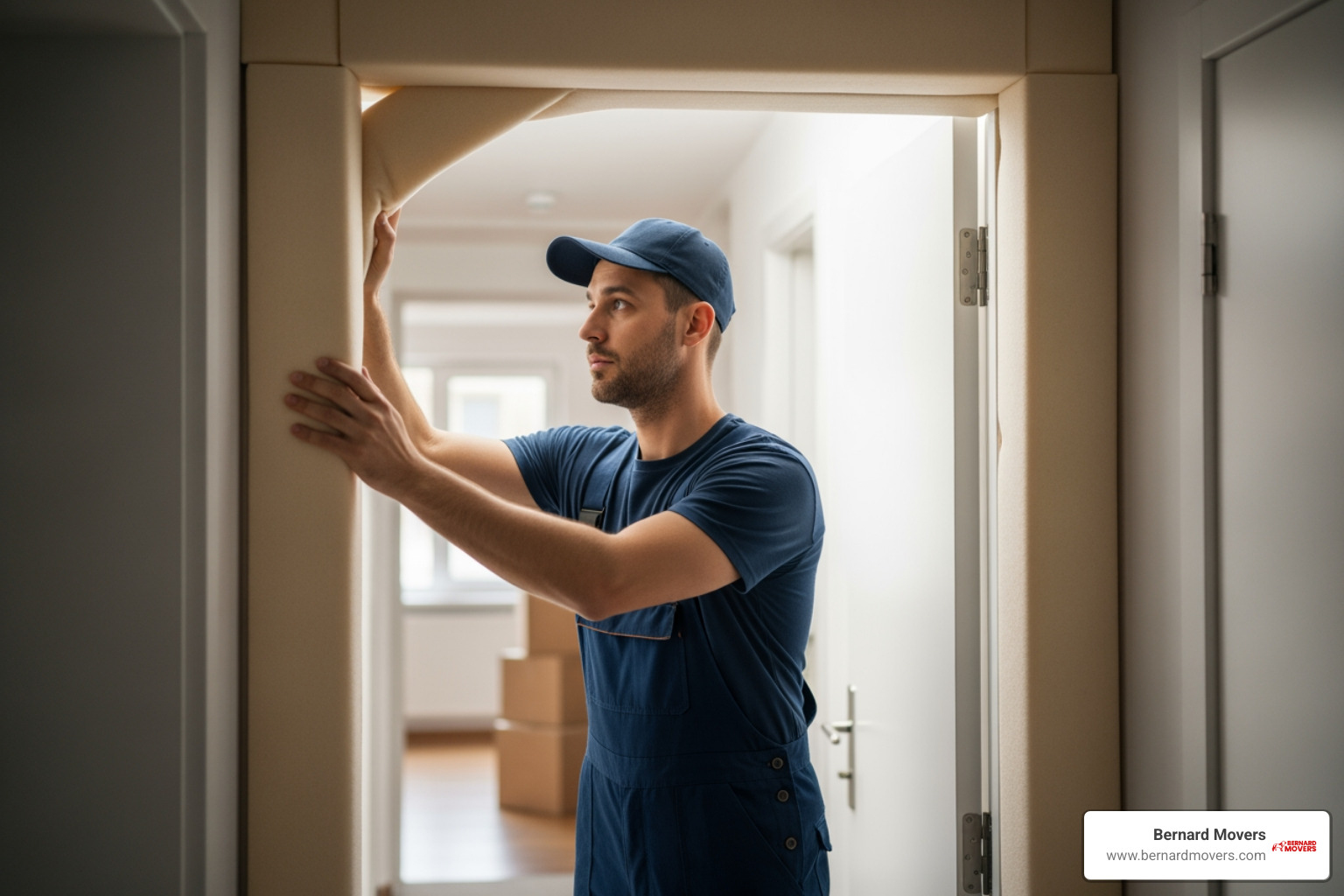 A Bernard Movers team member carefully covering a doorway with protective padding before moving items - apartment moving companies A Bernard Movers team member carefully covering a doorway with protective padding before moving items - apartment moving companies