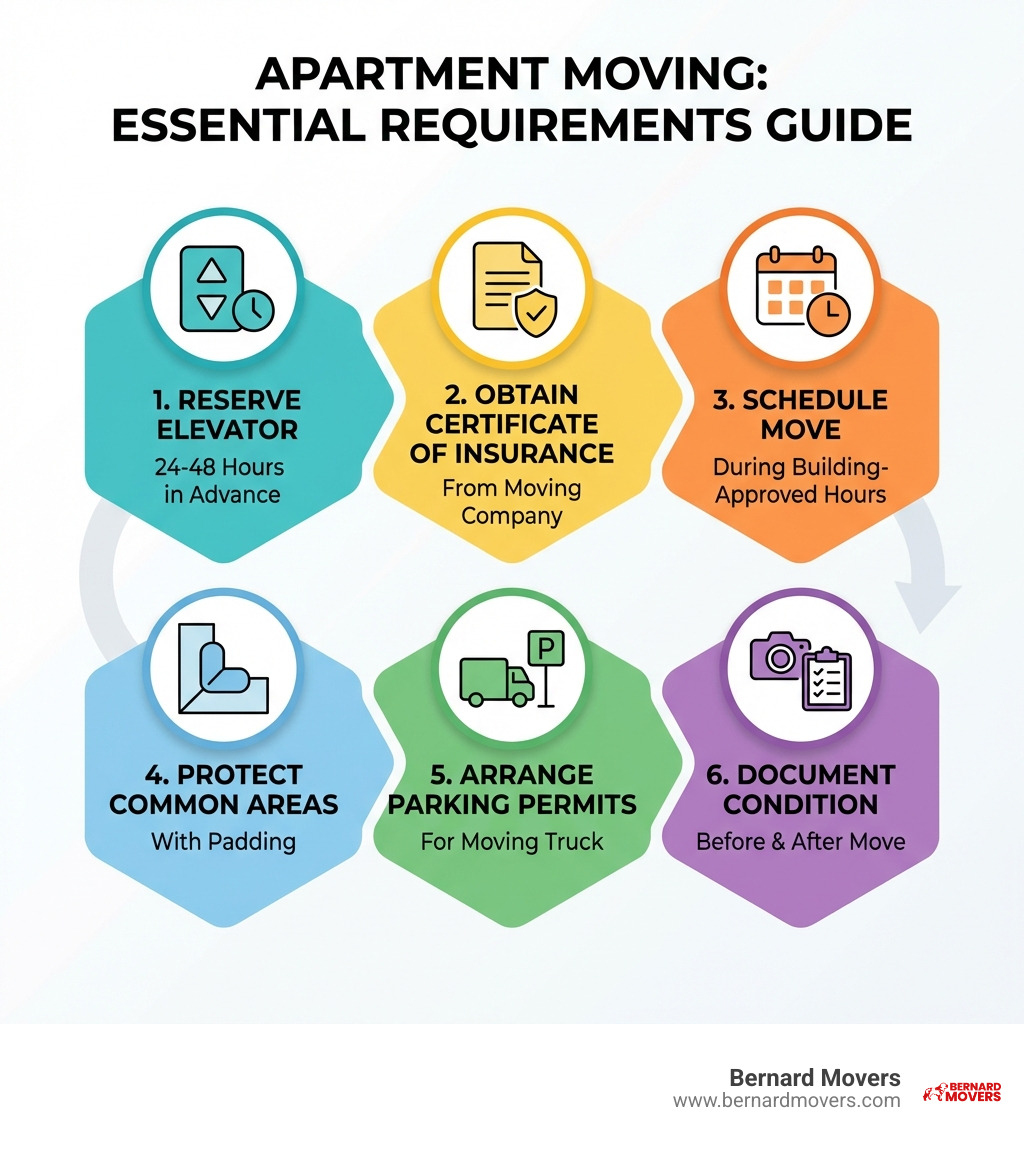 Infographic explaining apartment moving requirements: 1) Reserve elevator 24-48 hours in advance, 2) Obtain Certificate of Insurance from moving company, 3) Schedule move during building-approved hours, 4) Protect common areas with padding, 5) Arrange parking permits for moving truck, 6) Document apartment condition before/after move - apartment moving companies infographic Infographic explaining apartment moving requirements: 1) Reserve elevator 24-48 hours in advance, 2) Obtain Certificate of Insurance from moving company, 3) Schedule move during building-approved hours, 4) Protect common areas with padding, 5) Arrange parking permits for moving truck, 6) Document apartment condition before/after move - apartment moving companies infographic