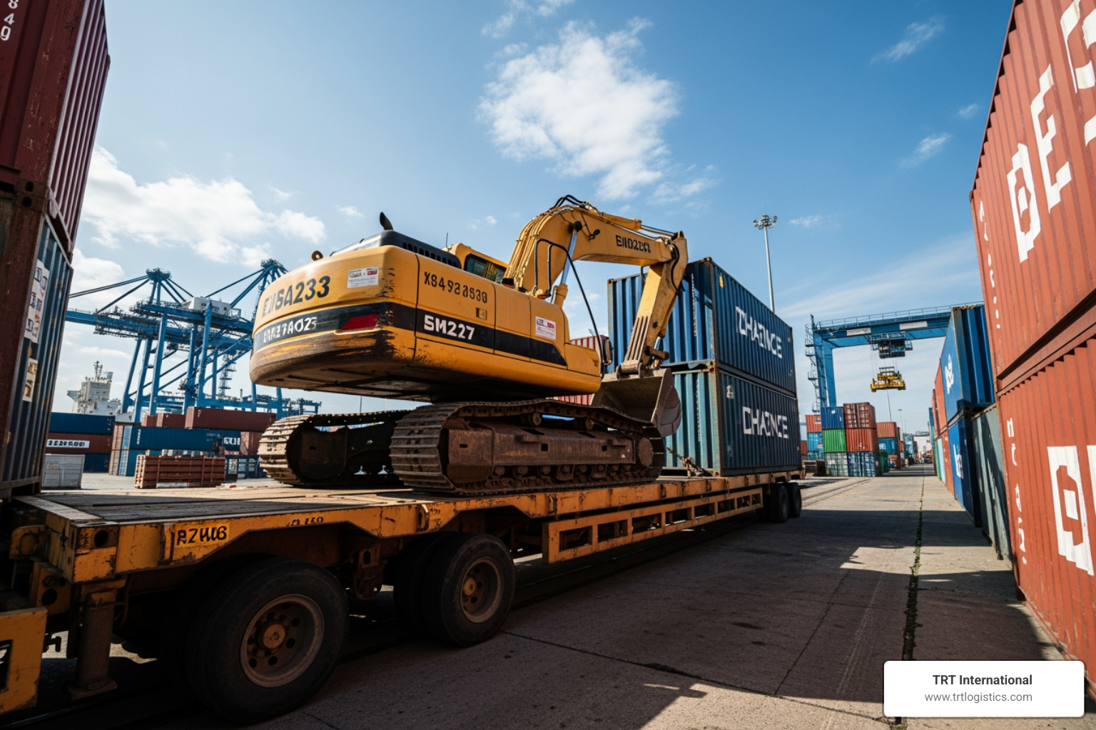 flat-rack container loaded with machinery - oversized cargo shipping