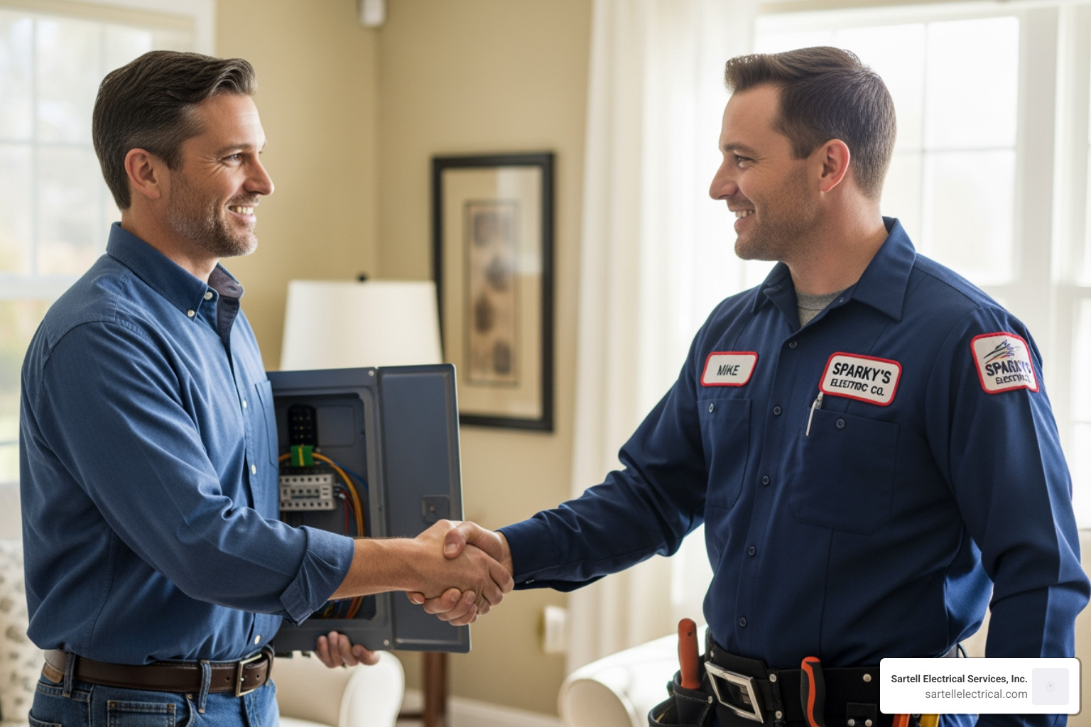 homeowner shaking hands with a uniformed electrician after a successful job - local electrical contractors near me