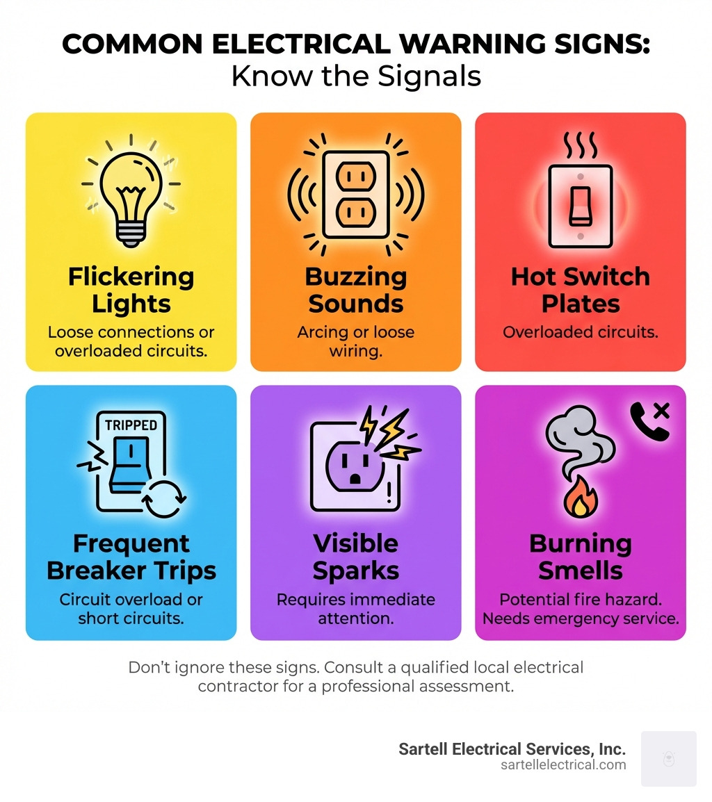 infographic showing common electrical warning signs including flickering lights indicating loose connections or overloaded circuits, buzzing sounds from outlets or panels signaling arcing or loose wiring, hot switch plates suggesting overloaded circuits, frequent breaker trips meaning circuit overload or short circuits, visible sparks from outlets requiring immediate attention, and burning smells indicating potential fire hazards that need emergency service - local electrical contractors near me infographic infographic showing common electrical warning signs including flickering lights indicating loose connections or overloaded circuits, buzzing sounds from outlets or panels signaling arcing or loose wiring, hot switch plates suggesting overloaded circuits, frequent breaker trips meaning circuit overload or short circuits, visible sparks from outlets requiring immediate attention, and burning smells indicating potential fire hazards that need emergency service - local electrical contractors near me infographic