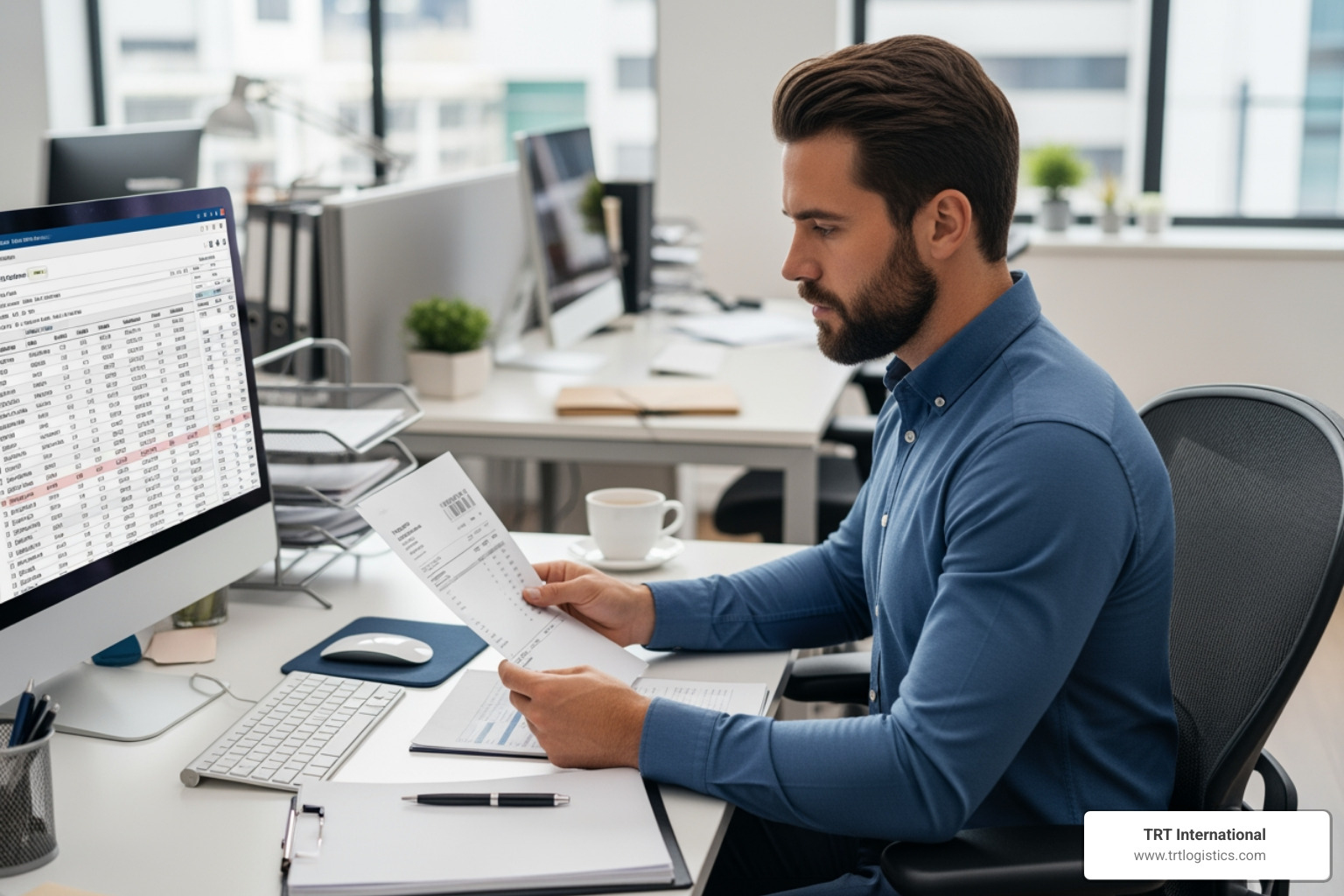 logistics manager reviewing invoice - port drayage services