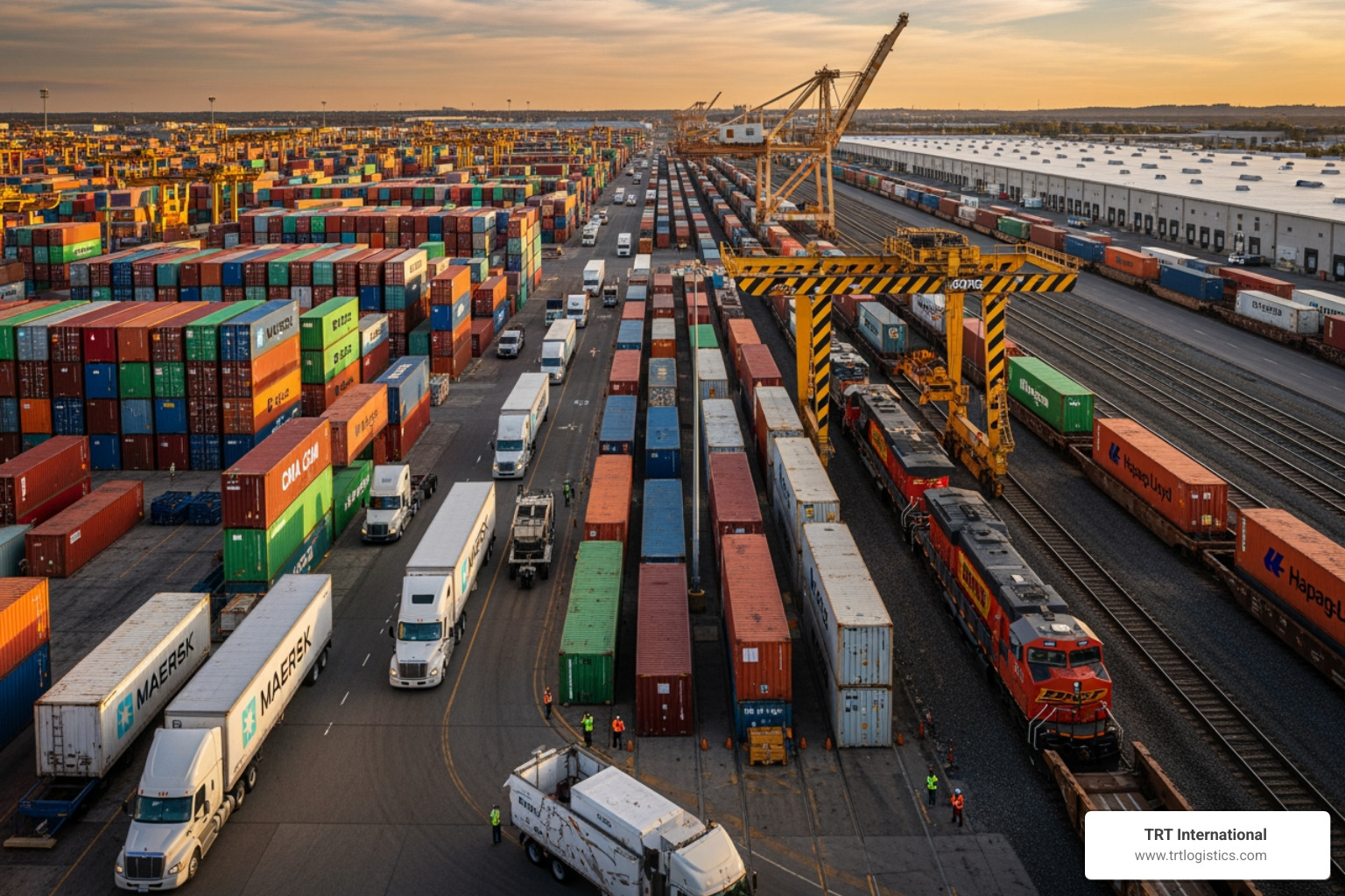 intermodal yard with trucks, trains, and containers - port drayage services