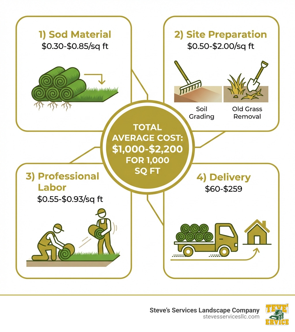 Infographic showing four main components of sod installation cost: 1) Sod Material ($0.30-$0.85/sq ft) - showing grass rolls, 2) Site Preparation ($0.50-$2.00/sq ft) - showing soil grading and old grass removal, 3) Professional Labor ($0.55-$0.93/sq ft) - showing installation team laying sod, and 4) Delivery ($60-$259) - showing delivery truck. Center text reads "Total Average Cost: $1,000-$2,200 for 1,000 sq ft" - cost of sod installation near me infographic 