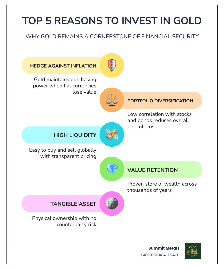 infographic showing top 5 reasons to invest in gold: 1. Hedge Against Inflation - protects purchasing power, 2. Portfolio Diversification - low correlation with stocks/bonds, 3. High Liquidity - easily traded globally, 4. Value Retention - 5,000+ year track record, 5. Tangible Asset - physical ownership with no counterparty risk - why invest gold infographic infographic-line-5-steps-colors