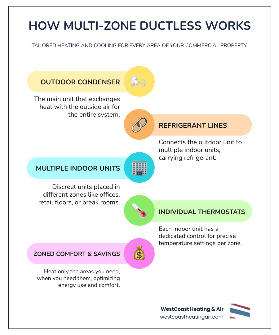 Commercial Ductless System Components: How Multi-Zone Systems Work - Shows outdoor condensing unit connected via refrigerant lines to multiple indoor air handlers in different zones like offices, retail floor, break room, and conference room, with individual thermostat control for each zone - commercial ductless heating installation in puyallup, wa infographic infographic-line-5-steps-colors