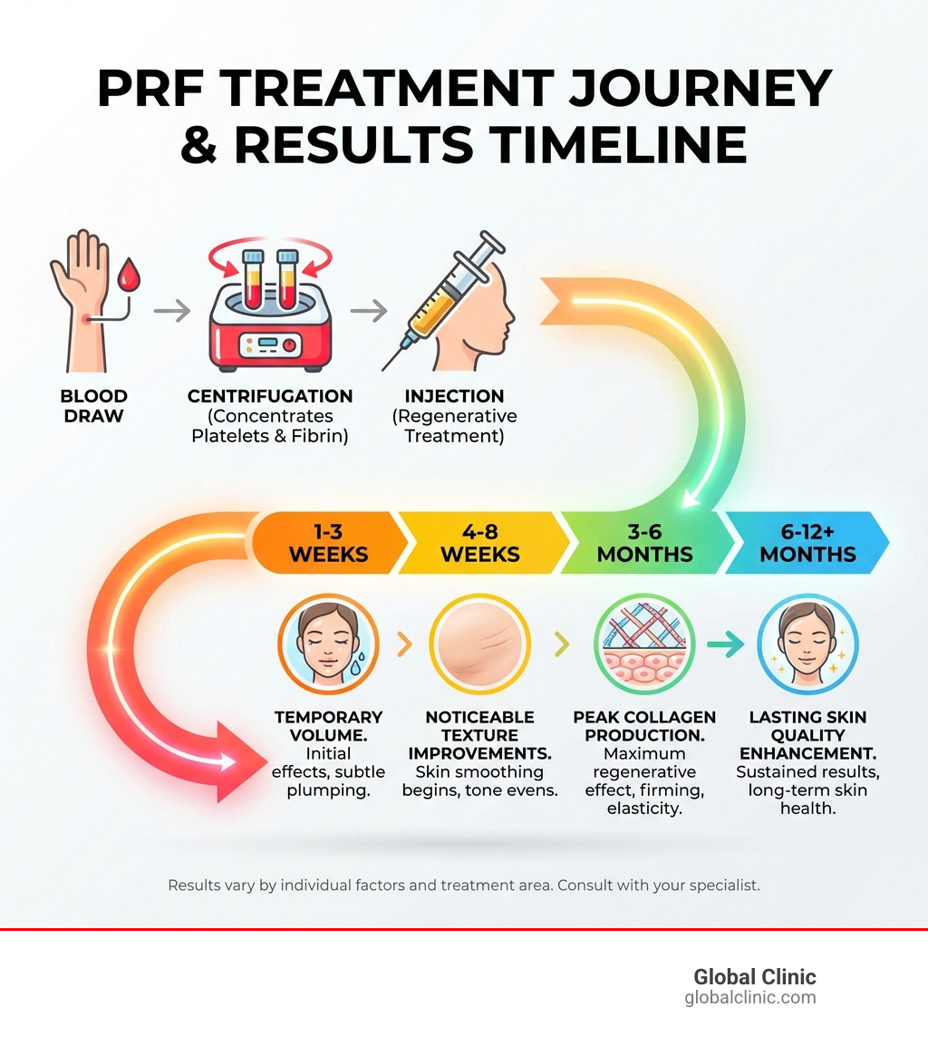 Infographic showing PRF treatment timeline from blood draw through centrifugation to injection, with expected results at 1-3 weeks (temporary volume), 4-8 weeks (noticeable texture improvements), 3-6 months (peak collagen production), and 6-12+ months (lasting skin quality enhancement) - how long do prf injections last infographic 