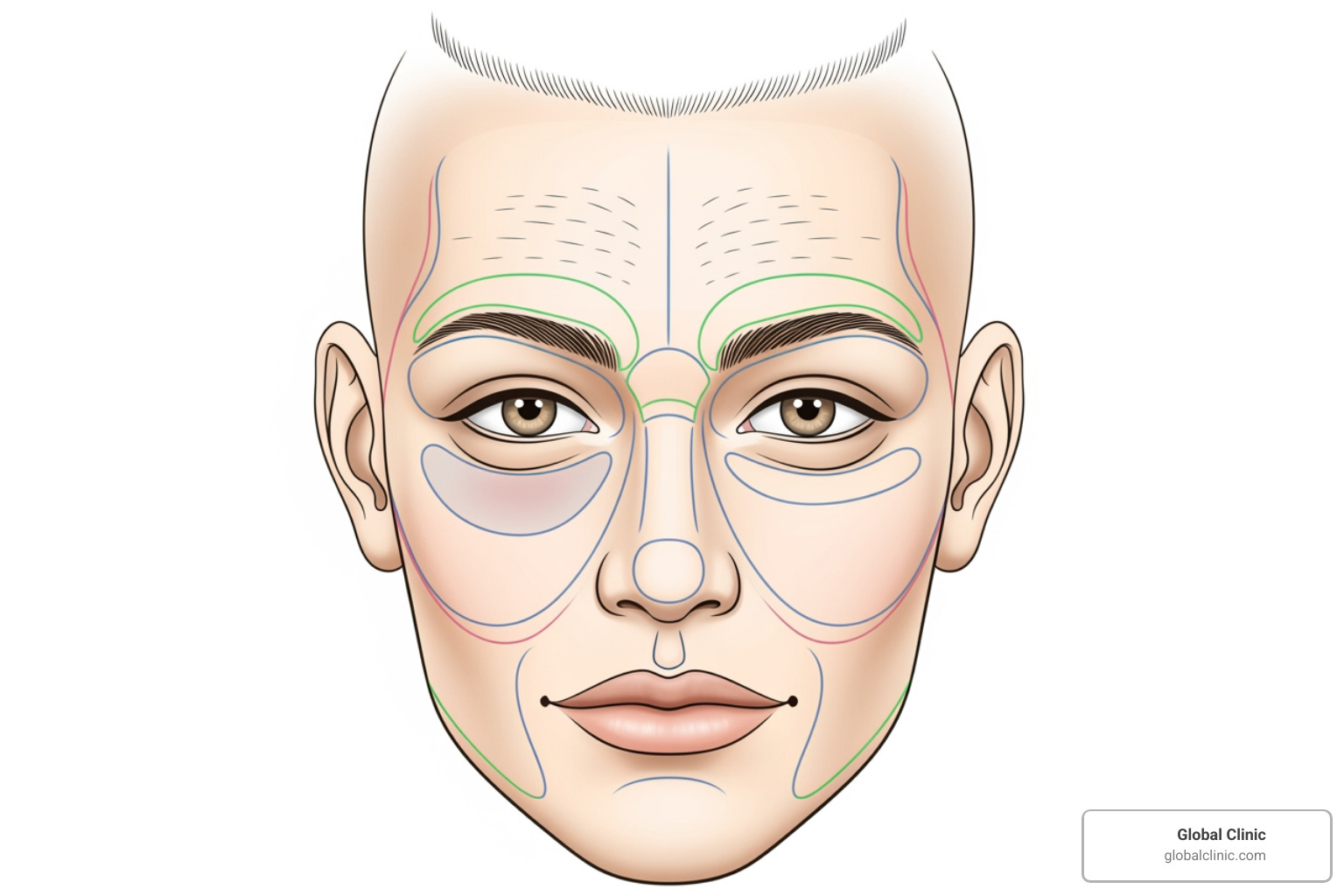 Illustration highlighting various facial areas treatable with PRF, including under-eyes, cheeks, forehead, and scalp - how long do prf injections last