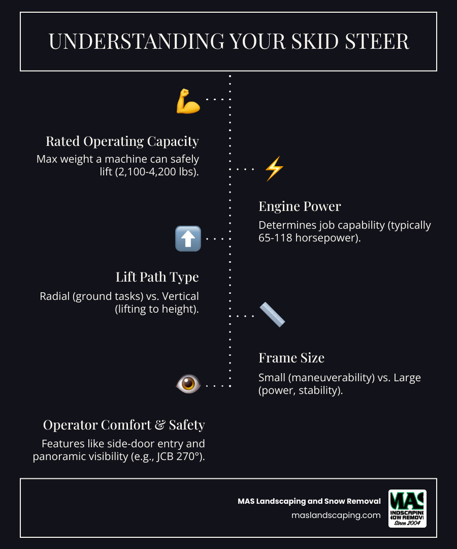 infographic showing the key components of a skid steer loader including the boom type, rated operating capacity gauge, engine power specifications, lift path diagram comparing radial versus vertical paths, frame size comparison chart, and operator cab features with visibility angles - Skid steer company infographic infographic-line-5-steps-dark infographic showing the key components of a skid steer loader including the boom type, rated operating capacity gauge, engine power specifications, lift path diagram comparing radial versus vertical paths, frame size comparison chart, and operator cab features with visibility angles - Skid steer company infographic infographic-line-5-steps-dark