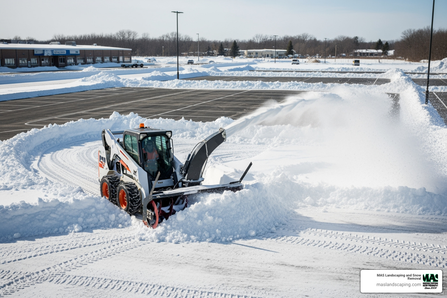 skid steer with snow blower clearing parking lot - Skid steer company skid steer with snow blower clearing parking lot - Skid steer company