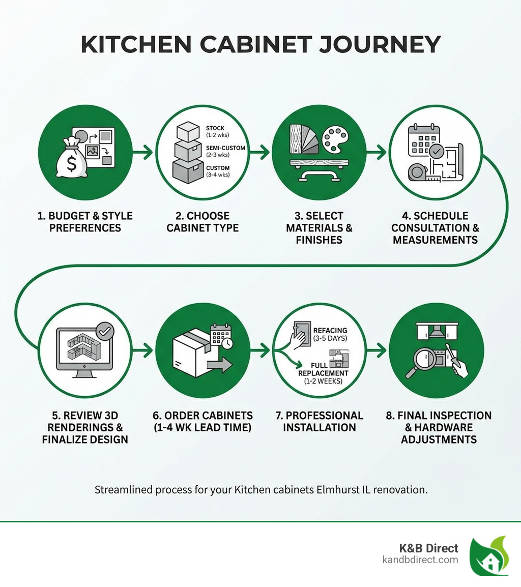 Infographic showing the kitchen cabinet journey: 1. Determine your budget and style preferences, 2. Choose cabinet type (stock, semi-custom, or custom), 3. Select materials and finishes, 4. Schedule design consultation and measurements, 5. Review 3D renderings and finalize design, 6. Order cabinets (1-4 week lead time depending on type), 7. Professional installation (typically 3-5 days for refacing, 1-2 weeks for full replacement), 8. Final inspection and hardware adjustments - Kitchen cabinets Elmhurst IL infographic 