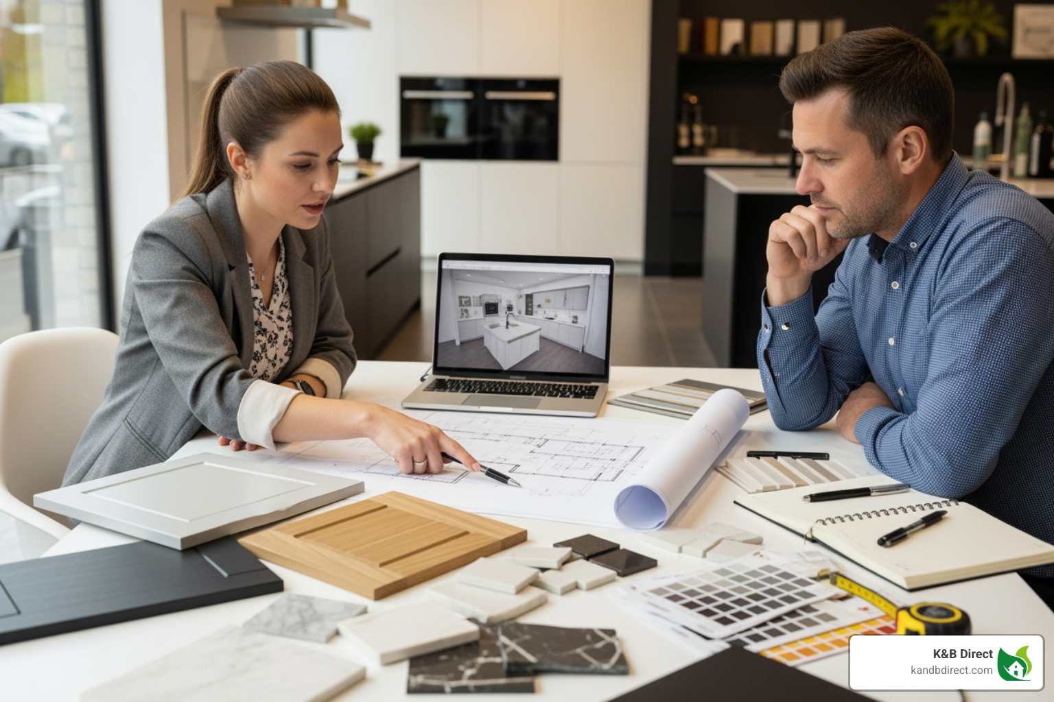 A kitchen designer and a homeowner reviewing cabinet samples, material swatches, and architectural blueprints on a table - Kitchen cabinets Elmhurst IL