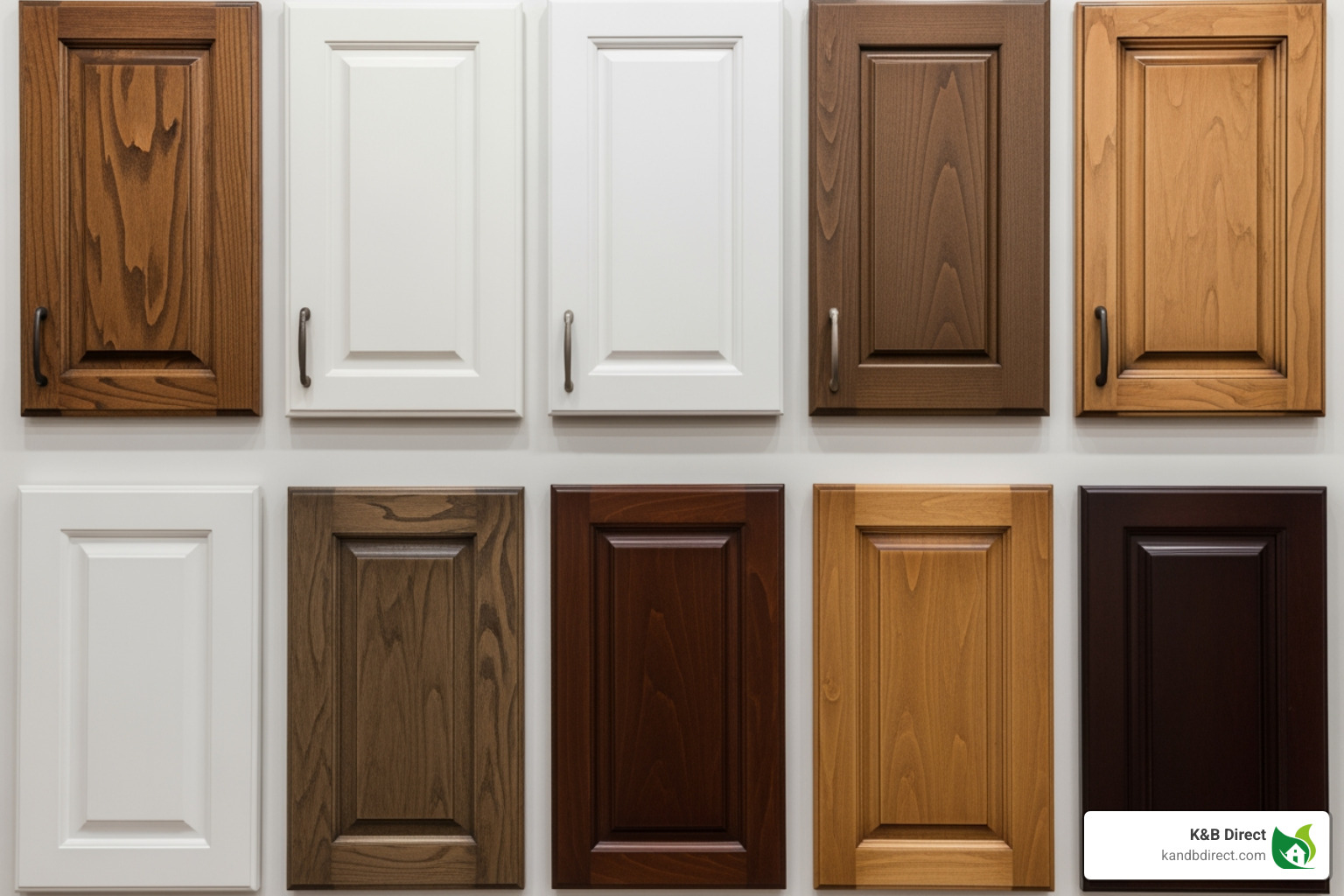 A wall displaying various cabinet door styles including Shaker, slab, and raised panel designs in different finishes - Kitchen cabinets Elmhurst IL