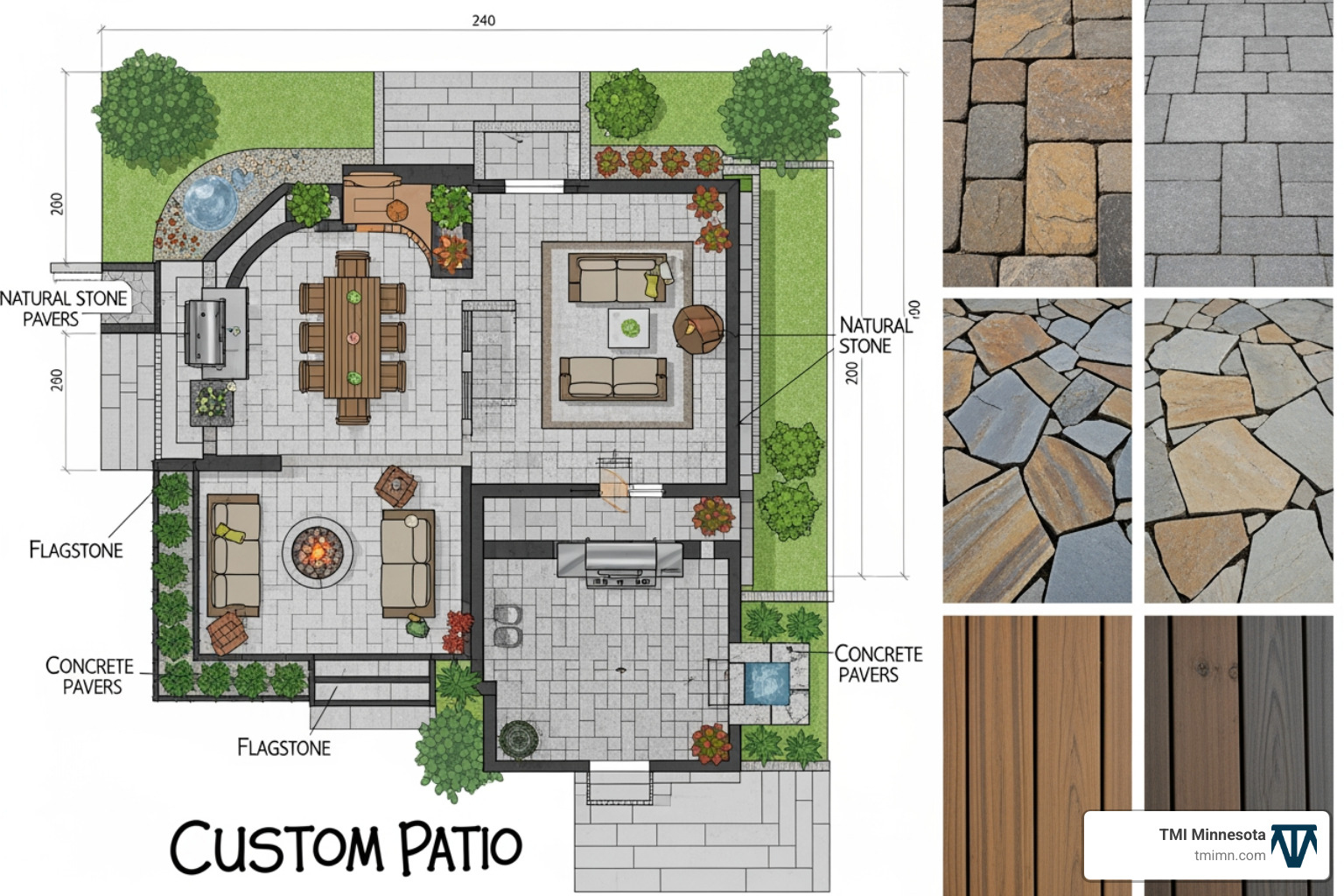 A design blueprint or 3D rendering of a custom patio next to photos of various patio materials like pavers and natural stone. - Custom patio installations