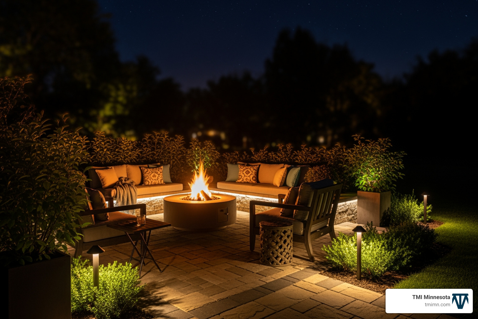 A custom patio at night with integrated lighting and a fire pit. - Custom patio installations