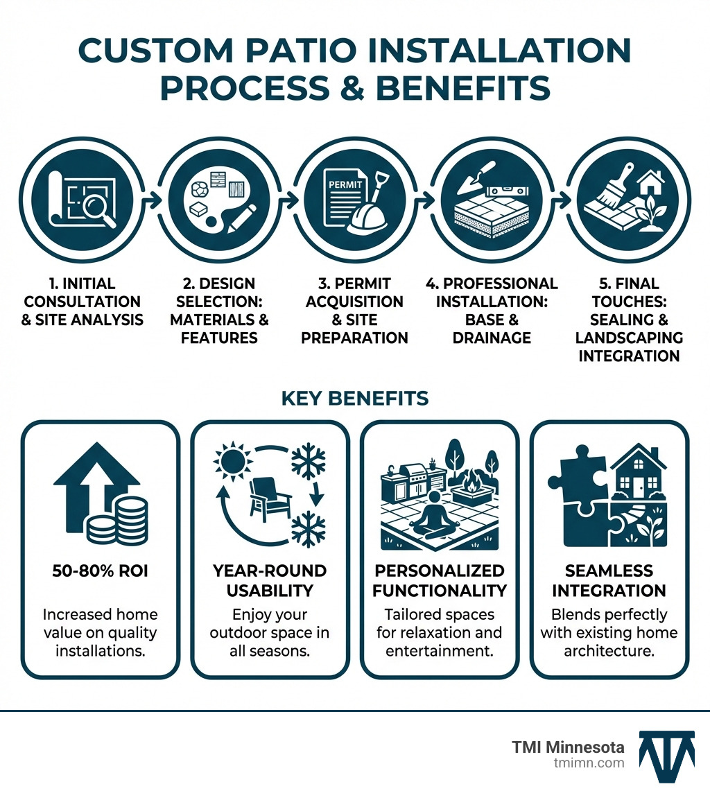 Infographic showing the custom patio installation process: 1) Initial consultation and site analysis, 2) Design selection with materials and features, 3) Permit acquisition and site preparation, 4) Professional installation with proper base and drainage, 5) Final touches including sealing and landscaping integration. Benefits highlighted include 50-80% ROI, year-round usability, personalized functionality, and seamless integration with existing home architecture. - Custom patio installations infographic 